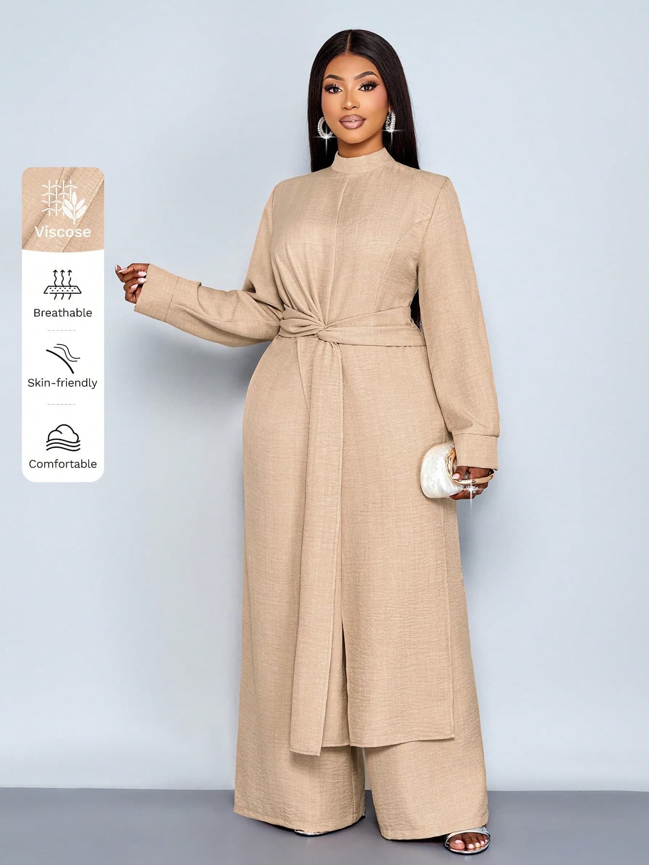 SOLERSUN Plus Size Khaki Autumn Elegant Dinner Textured Imitation Linen Round Neck Pleated Twisted Drop Shoulder Wide Leg Jumpsuit For Women's Party Wedding