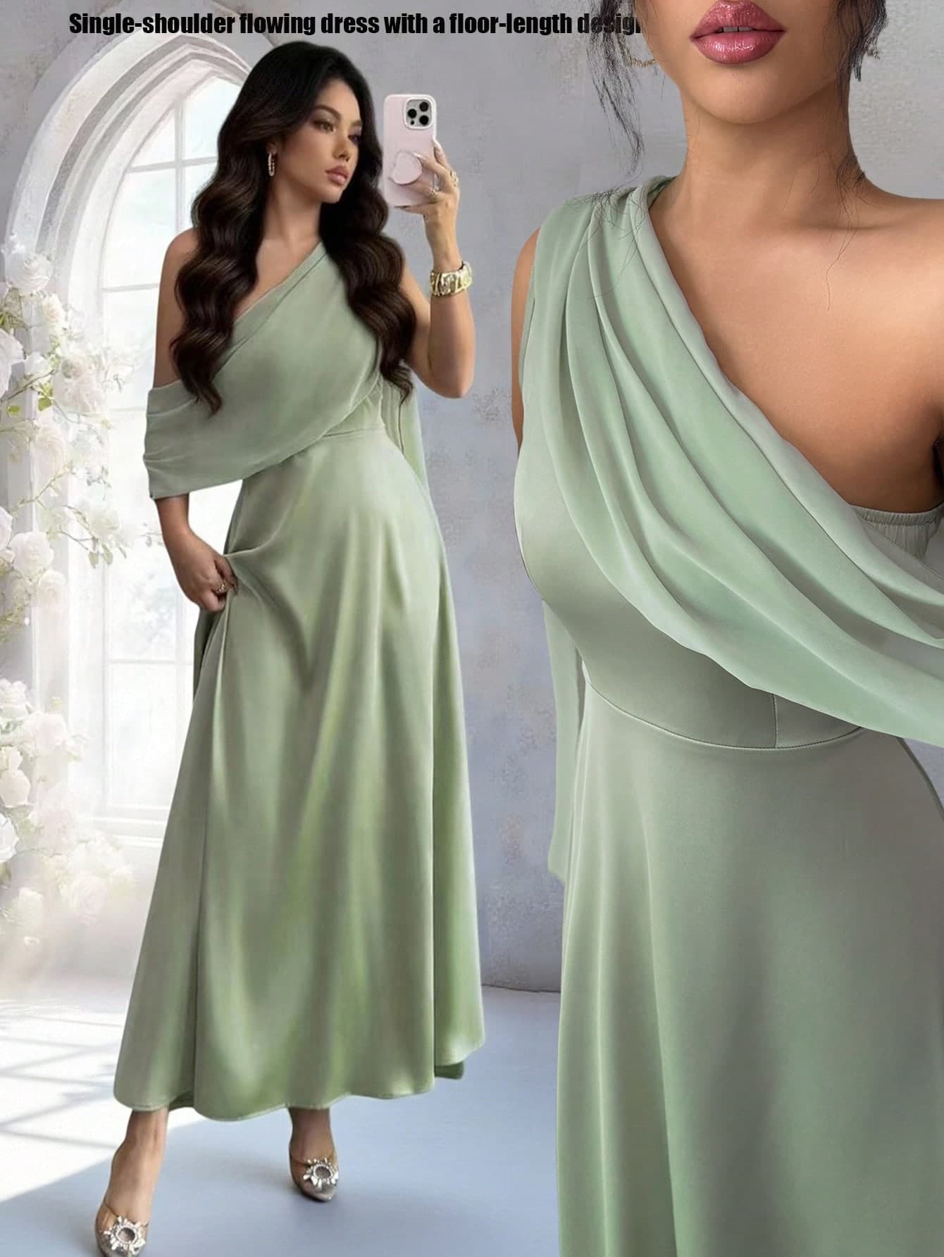 Elenzga Women's Elegant Plain Green Long A-Line Dress Asymmetrical Neck Ruched Detail Sleeveless With Cloak Sleeve And Flared Hem