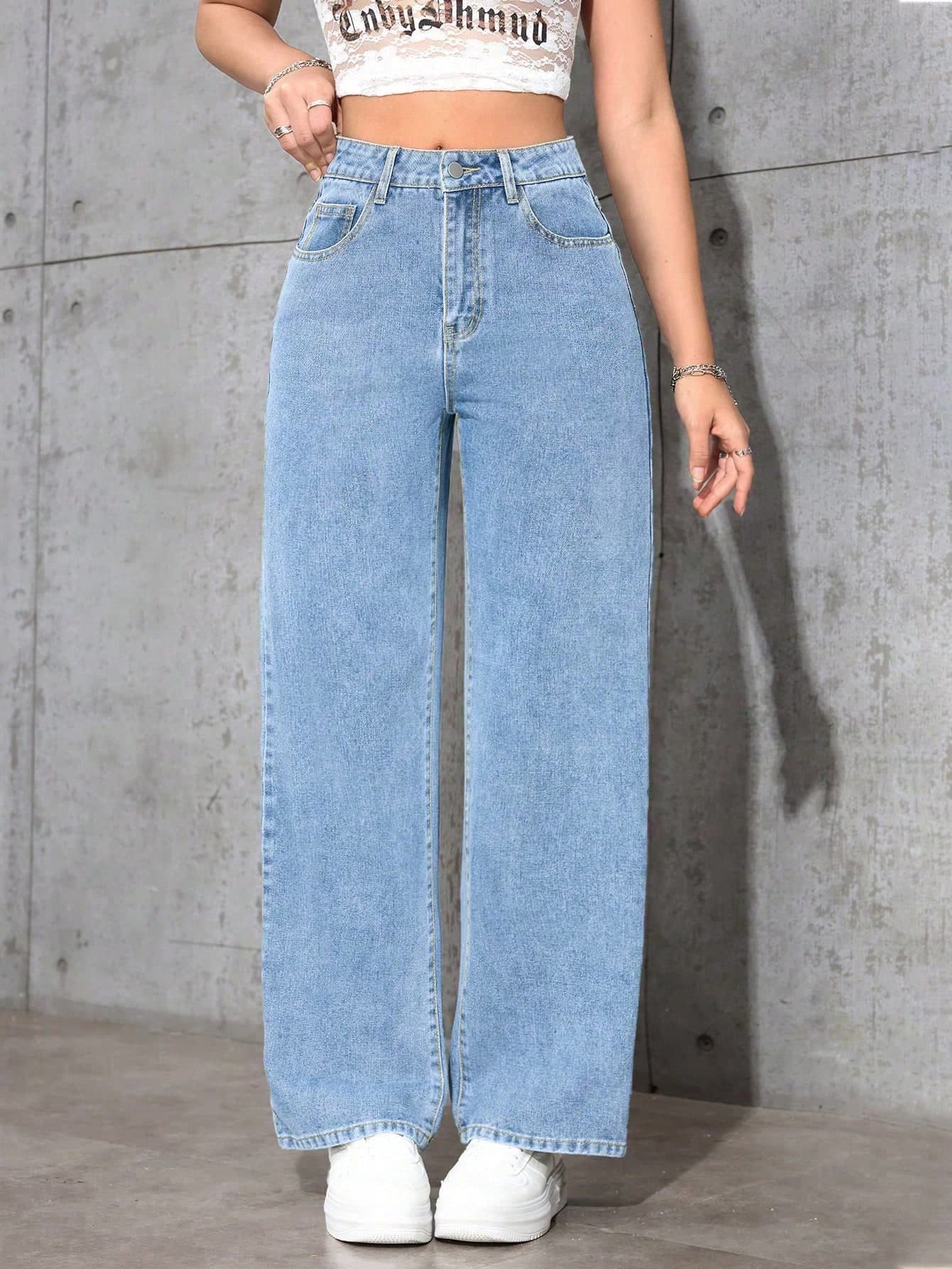 Flirla Women's Solid Color Minimalist Casual Everyday Denim Pants School Light Blue Summer
