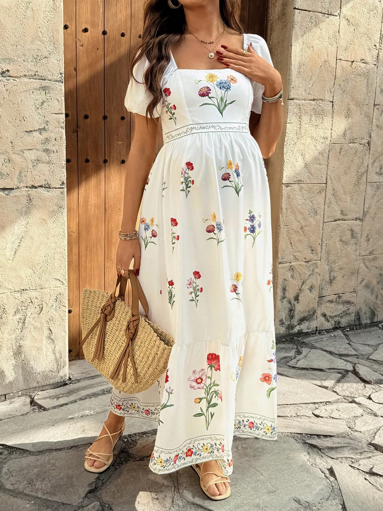 Lyckli Maternity White Floral Print Square Neck Bubble Sleeve Waist Tie Casual Dress,Boho Summer Holiday Party Beach Vacation Women's Long Maxi Sundress