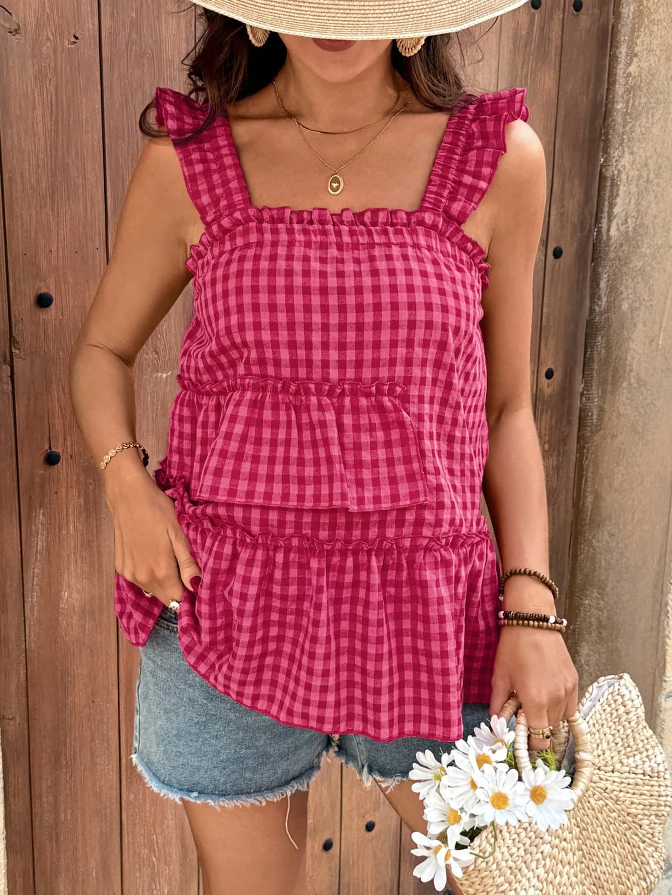 Lyckli Maternity Light Pink Plaid Square Neck Cap Sleeve Ruffle Hem Summer Tank Top Gingham Checkered Women Boho Picnic Holiday Loose Fashion Tops
