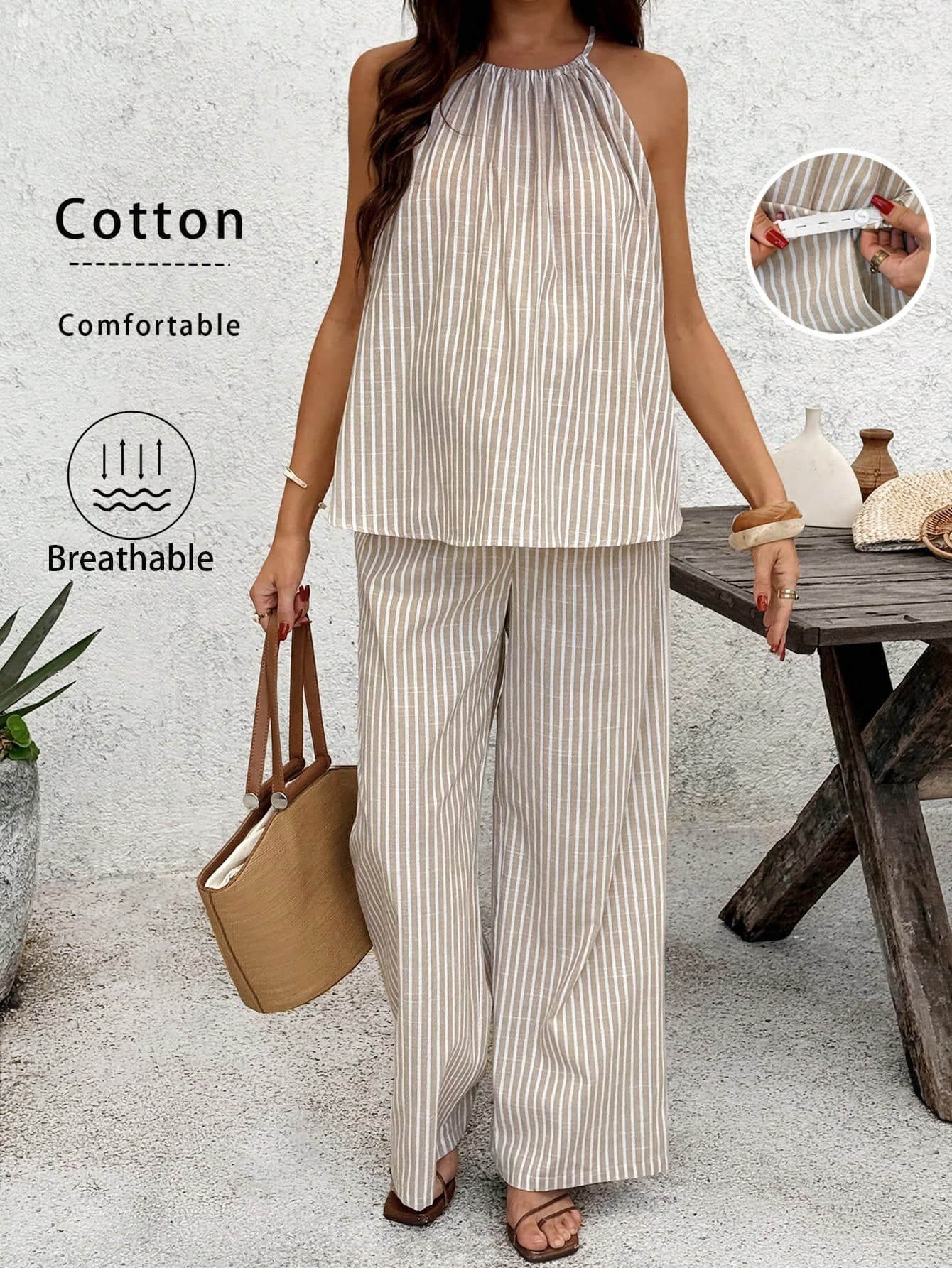 SHEIN Summer Maternity Clothes Co Ord Set Pregnant Vacation Khaki Cotton Striped Halter Neck Two-Piece 2pcs Sleeveless Top And Pants