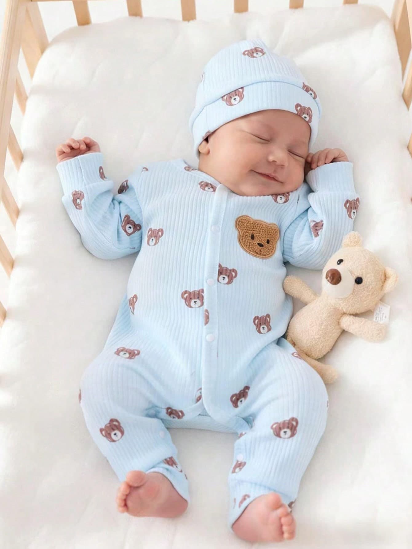 SHEIN Newborn Beige Bear Pattern Long Sleeve Jumpsuit With Hat Set