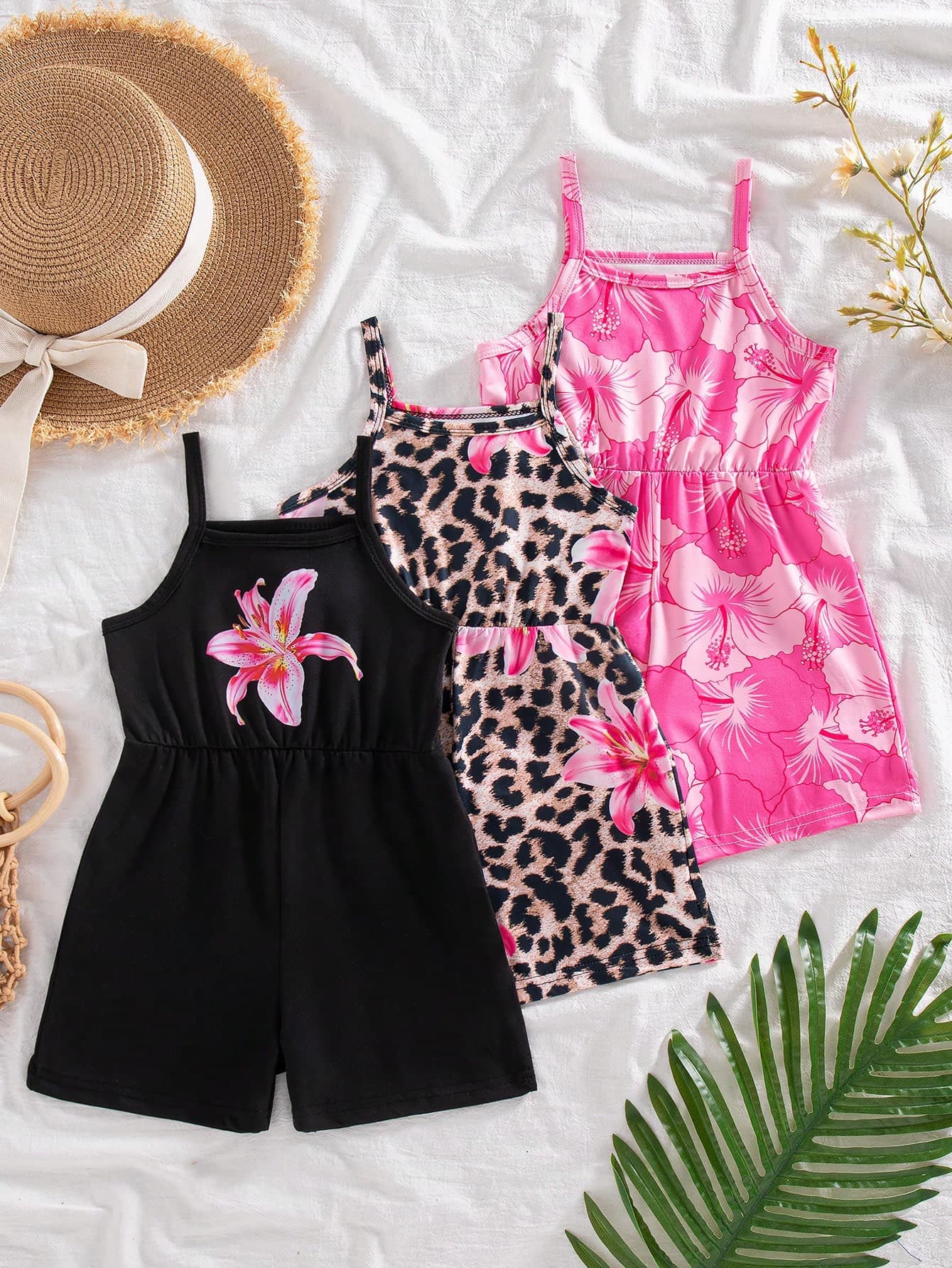 SHEIN Elladie kids Young Girls All Over Print Sleeveless Cami Jumpsuits Cute Short Bodysuits For Summer Vacay