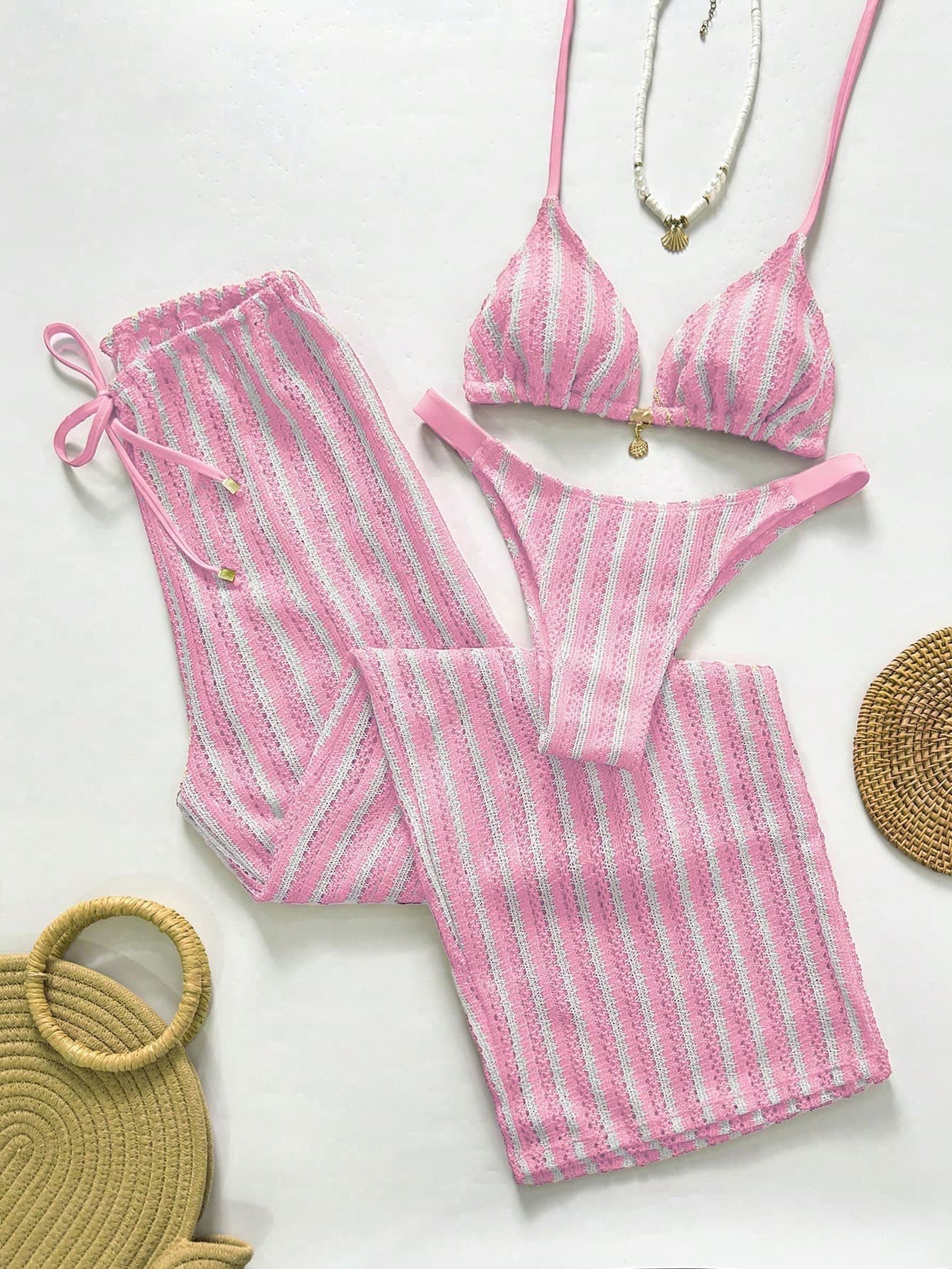Swim Chiccia Women's Pink And White Striped,Summer,Casual,Beach,Holiday,Vacation,Holiday Halter Tie Bikini Swimwear Set With Cover Up Pants 3 Pieces Bathing