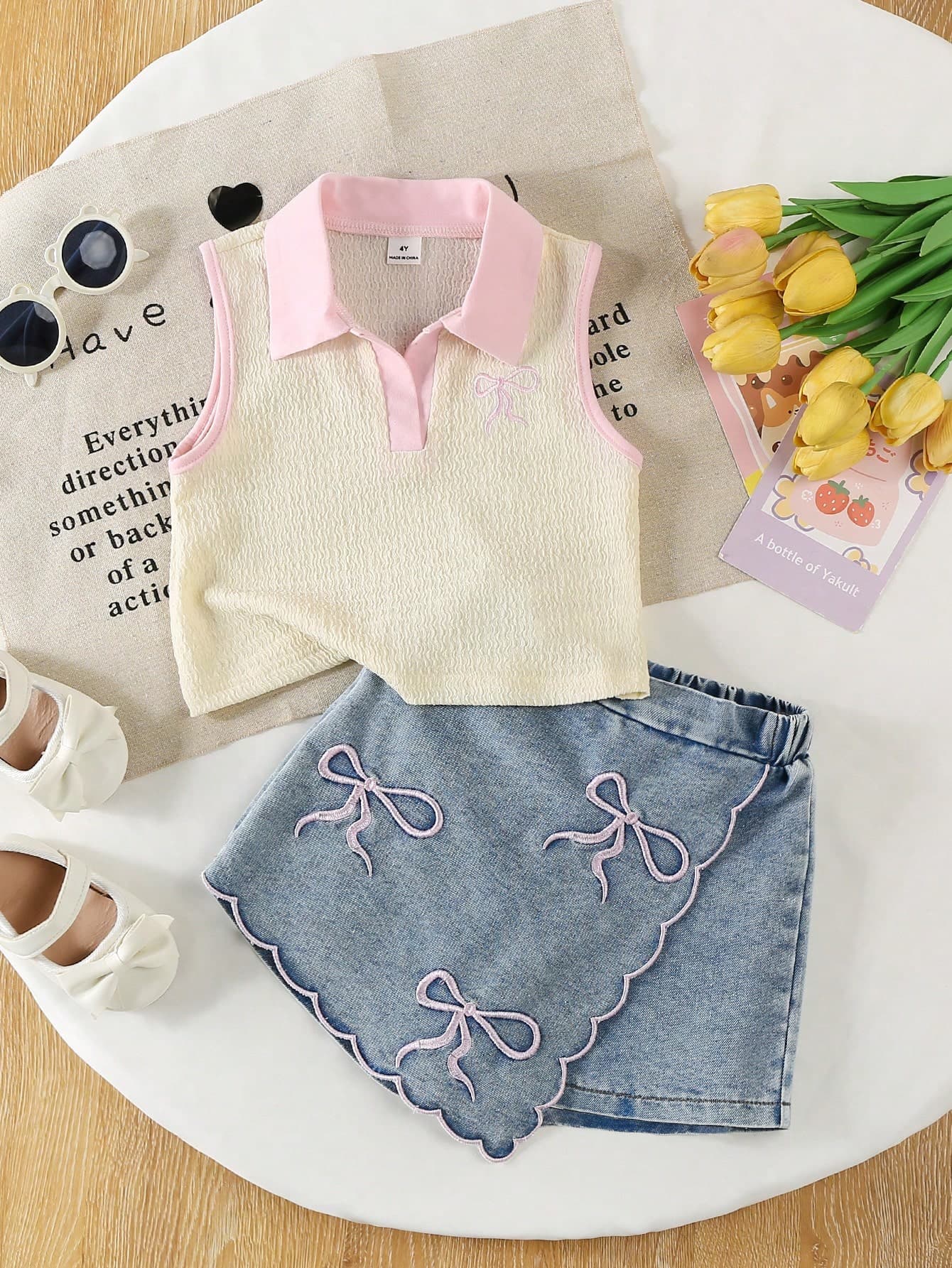 SHEIN Elladie kids Girls Outfit Sets V-Neck T-Shirt And Denim Skort Set For Girls 4-7 Years Old,Embroidered Fashion Summer,School,Back-To-School Holiday Casual Outfit
