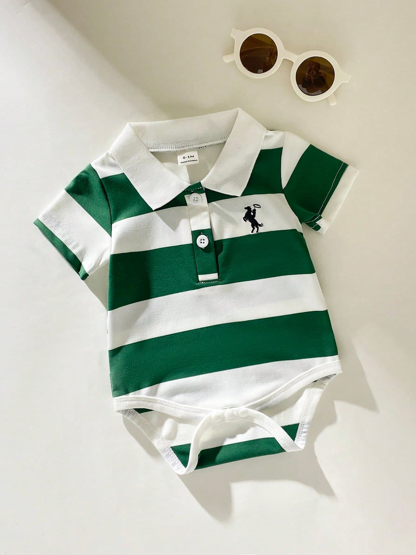 SHEIN Playful Pals Toddler Infant Baby Boys Summer Green And White Striped Polo Romper Casual Short Sleeve Lapel Bodysuits With Horse Rider Family Matching Outfit Party