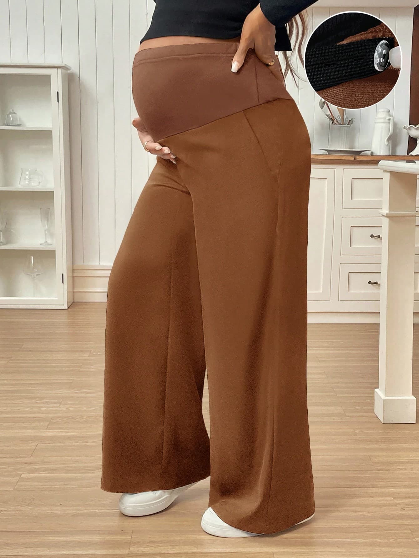 SHEIN Maternity Solid Color Loose High Waist Adjustable Waistband Simple Design Pants