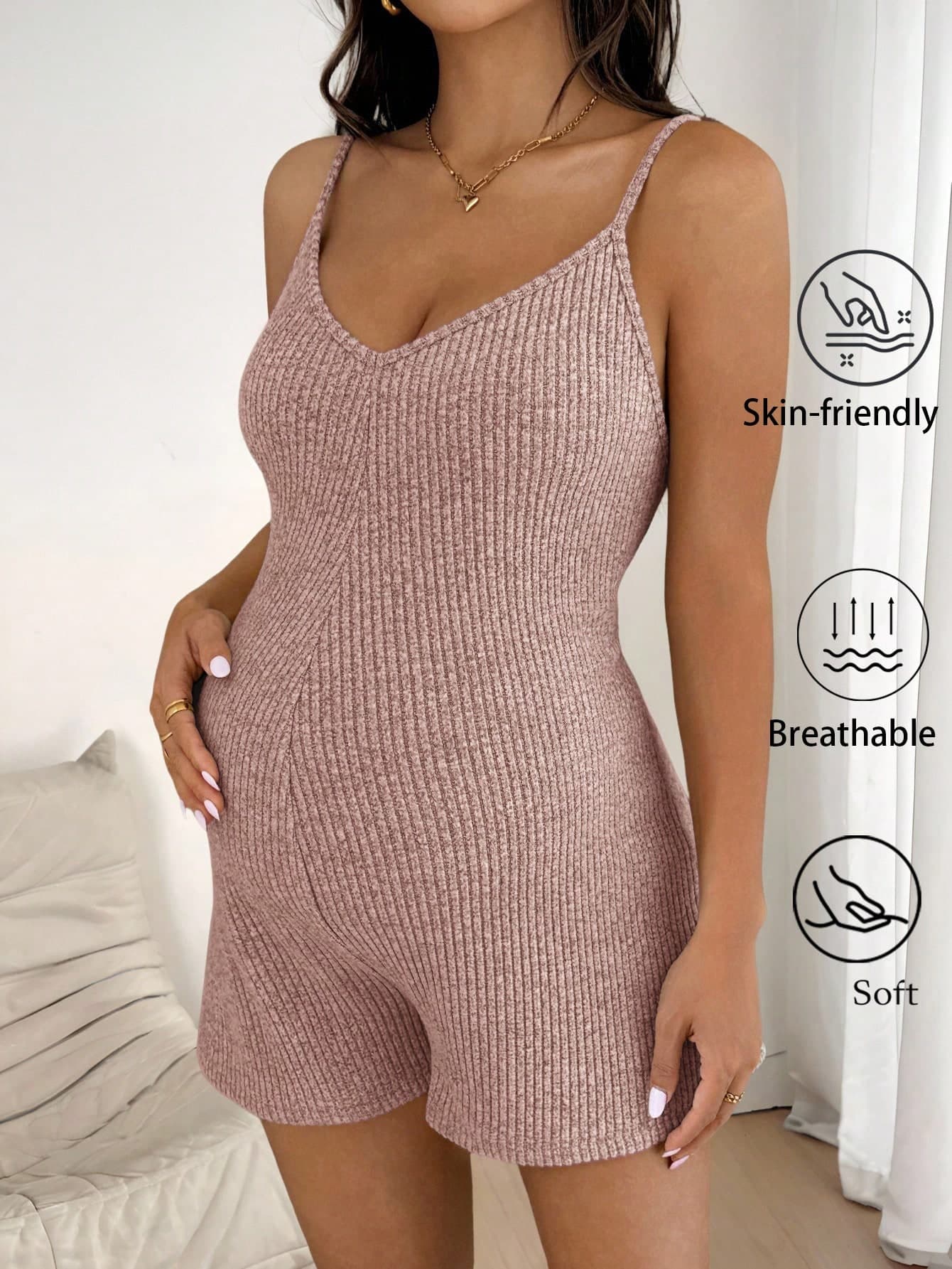 Slowluna Hot Pink Summer Smart Casual Maternity Nursing Jumpsuit,Soft Ribbed Knit Sleeveless Romper For Women,Adjustable Strap Solid Color Maternity Bodysuit