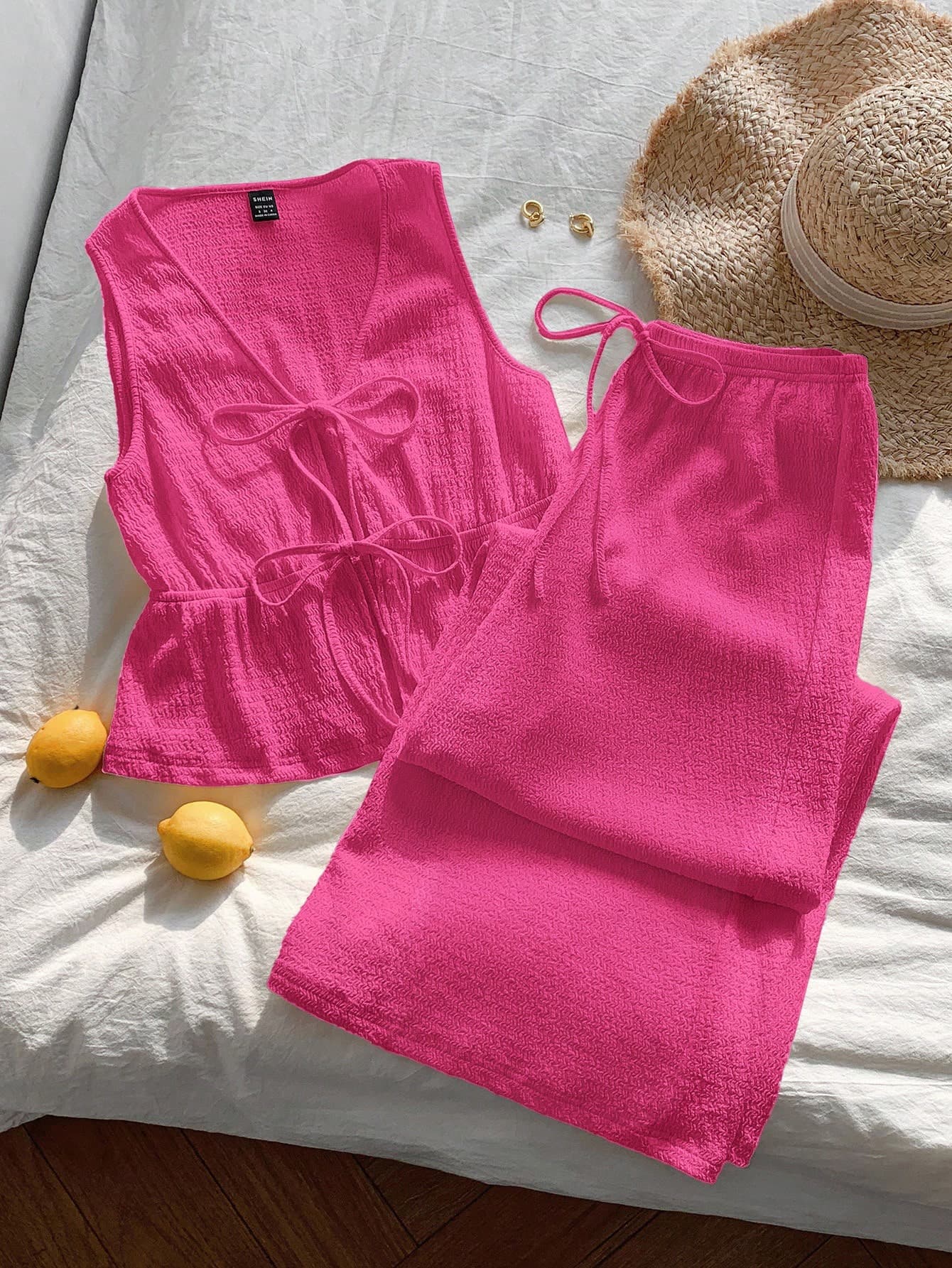 Comfortcana Women's Fuchsia Knitted Textured Front Tie Top And Pants Casual Suit