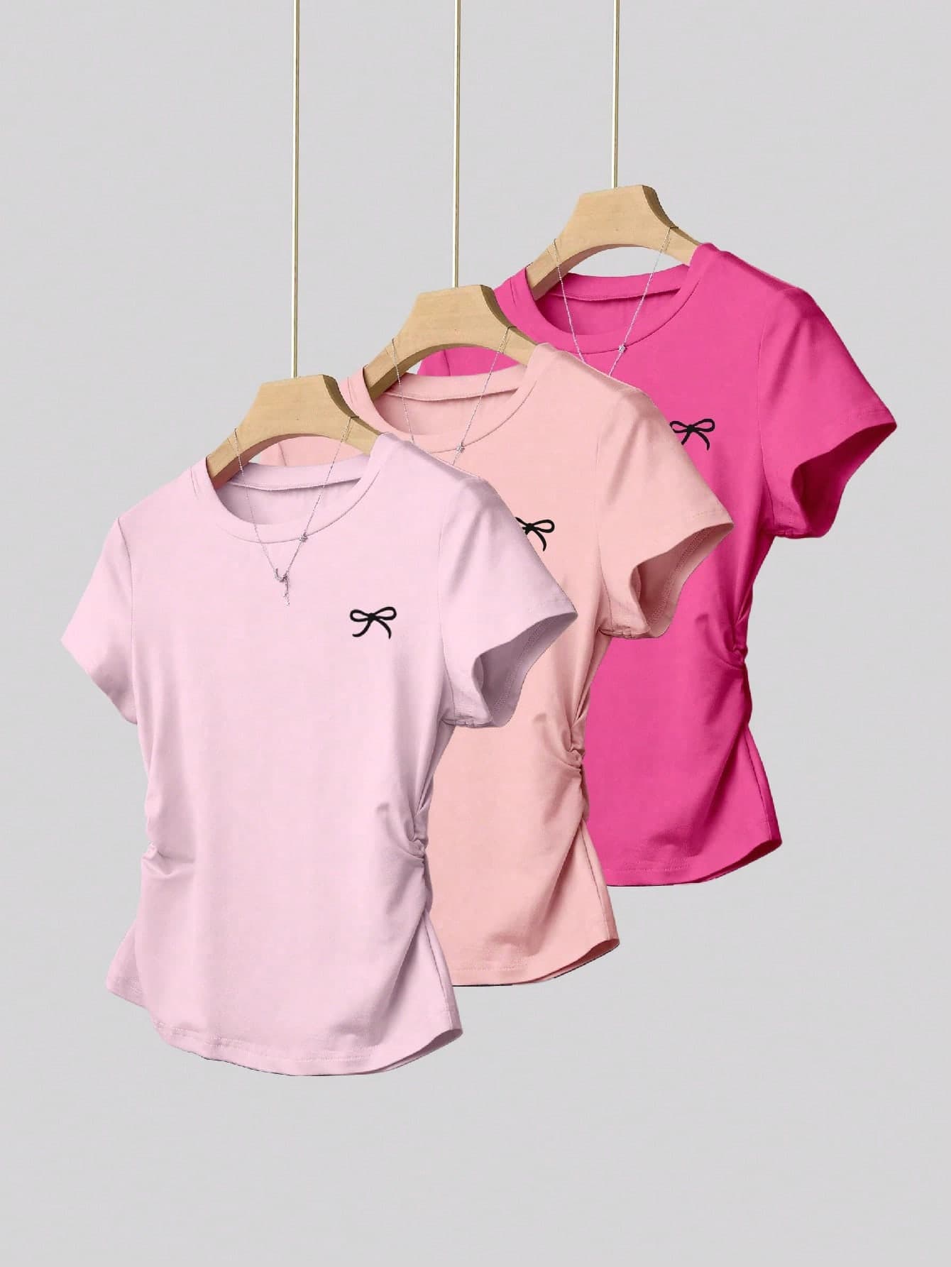 SHEIN Teen Girl 3-Pieces Cute Minimalist Bow Print Fitted Crew Neck T-Shirts,Hot Pink,Summer,Graduation,Back To School Essential,Casual & Comfortable Wear