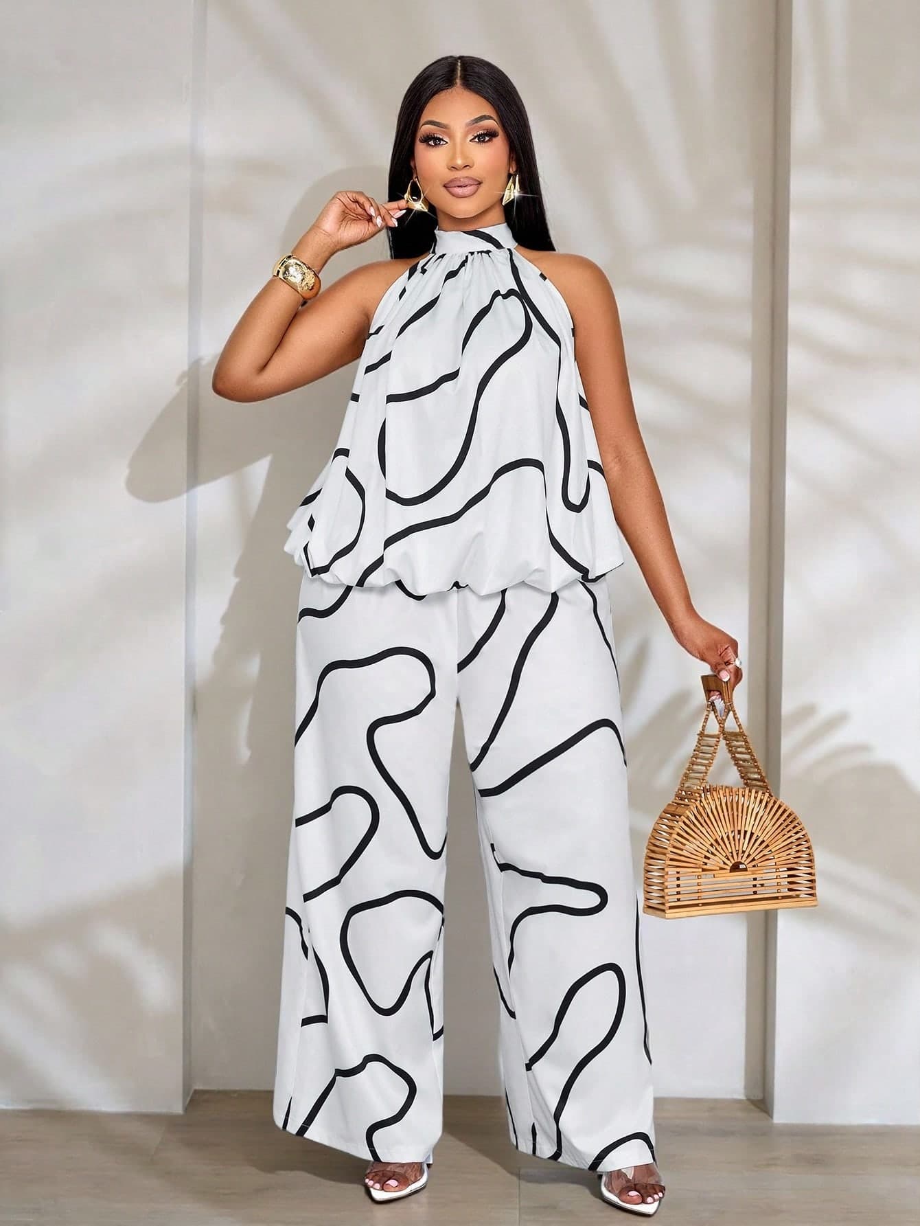SOLERSUN Plus Size Women's Black And White Random Print Off-Shoulder Back Tie Bow Loose Top & Elastic Waist Trousers,Summer Elegant Vacation Two Pieces Set