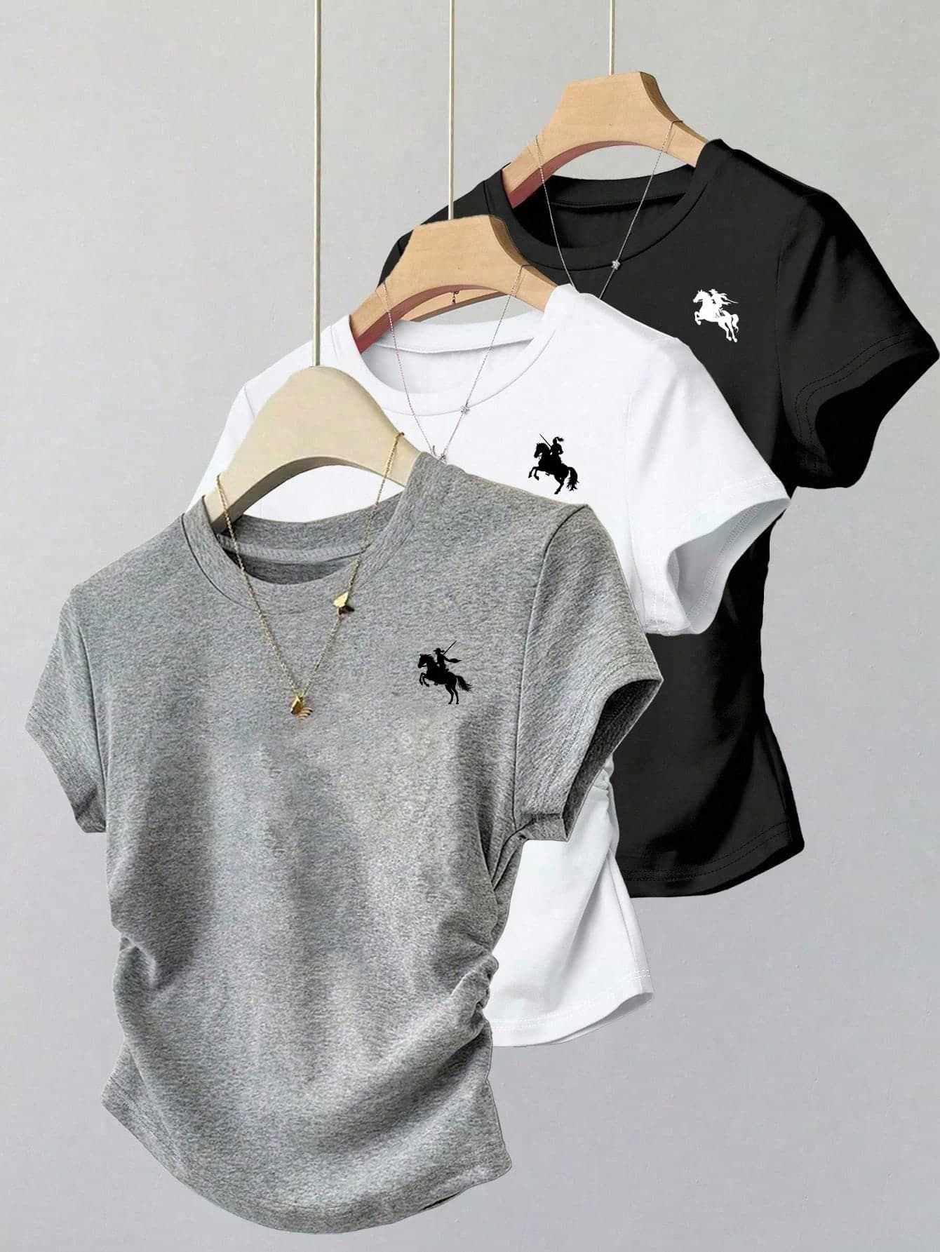 SHEIN Teen Girls 3-Piece T-Shirt Ensemble,Vintage Centaur Print Fitted Cropped T-Shirts,Black And White,Summer,Casual,Graduation,Back-To-School,Korean Style