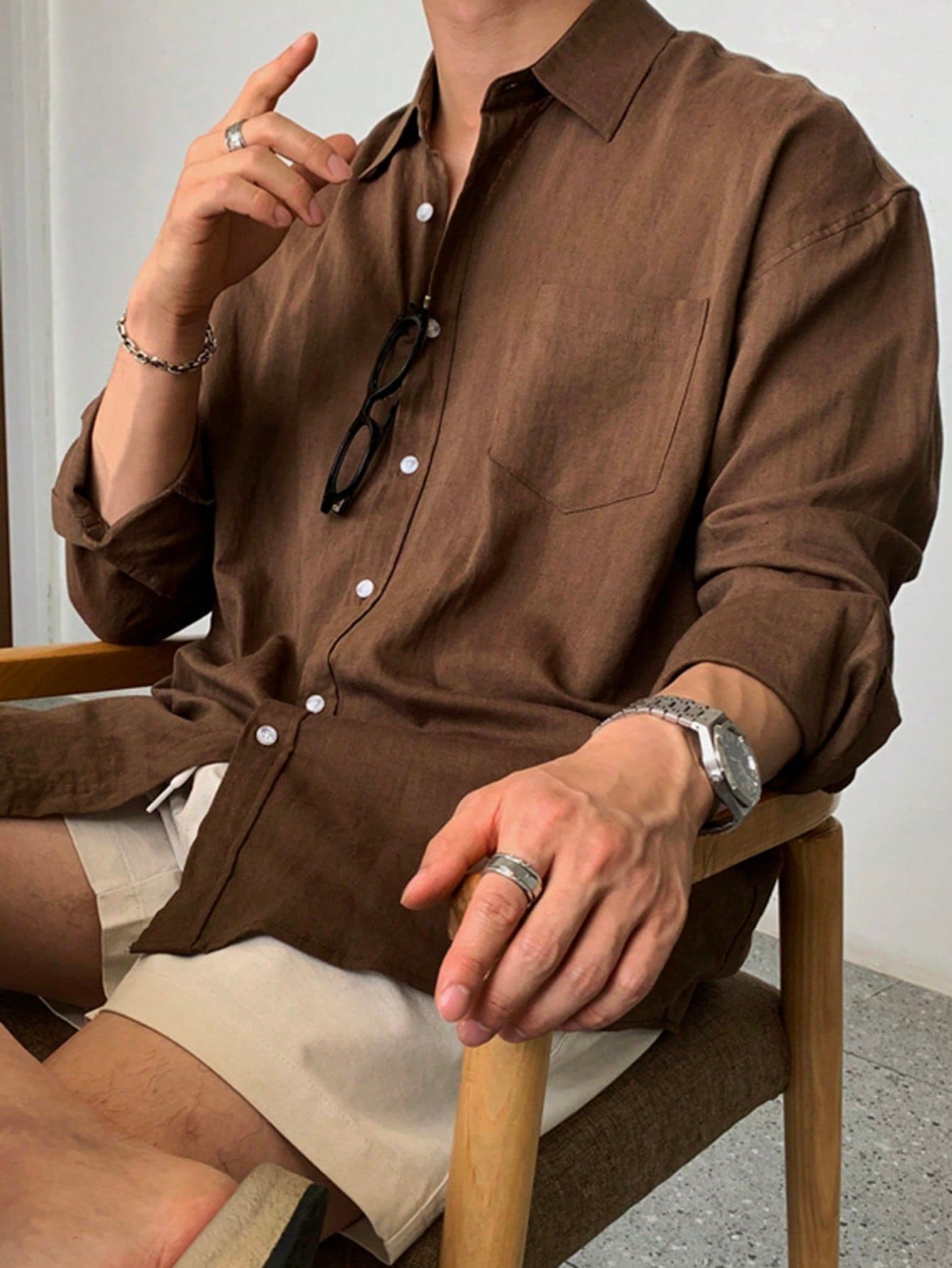 DAZY Brown & Red Long Sleeve Men's Casual Shirt, Spring Vacation