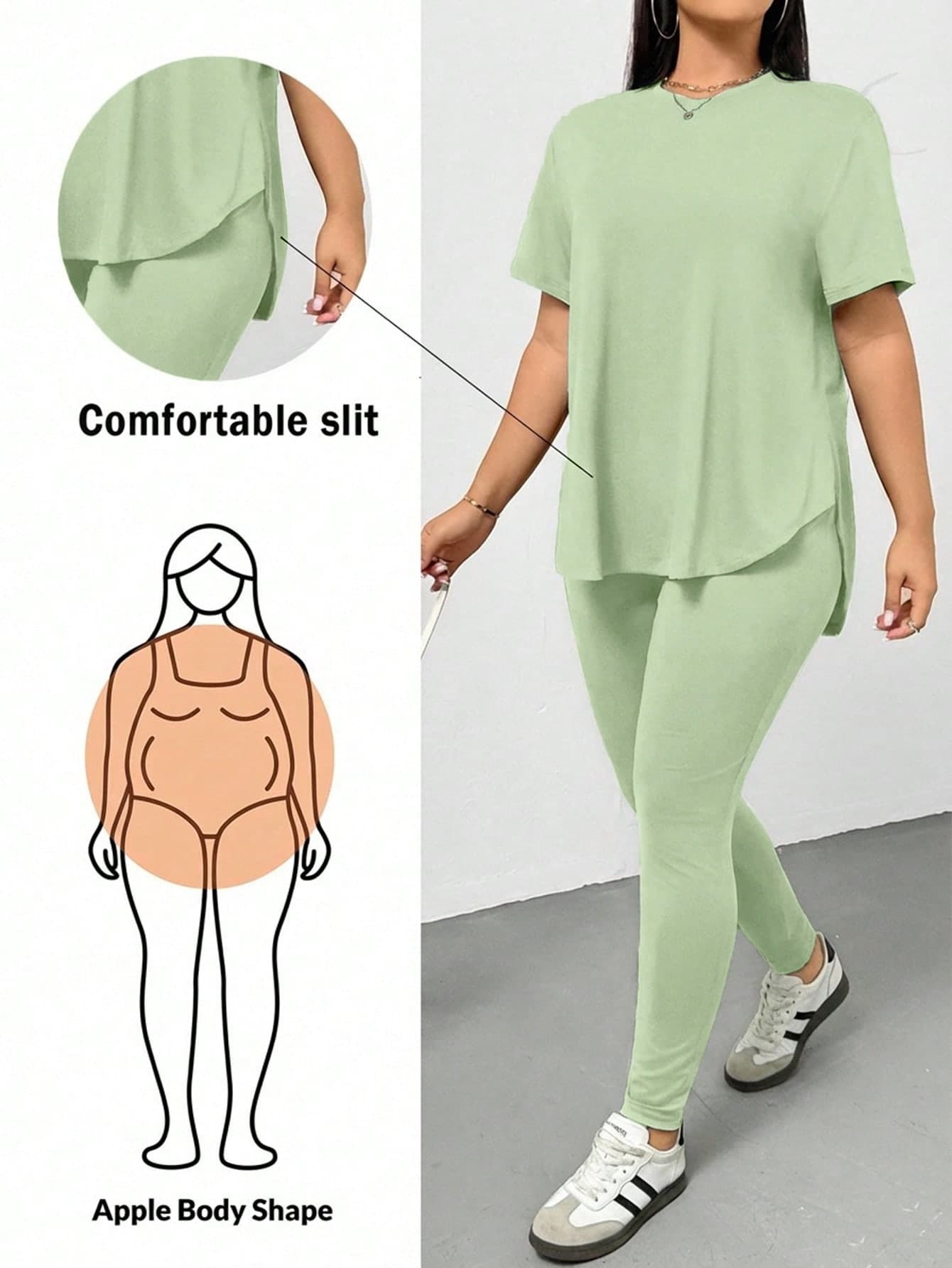 SHEIN Essnce Plus Size Women's Sage Green Summer Casual Everyday Short-Sleeved T-Shirt And Leggings 2 Pieces Set,Comfortable Pants Set,Airport Outfits,Y2k