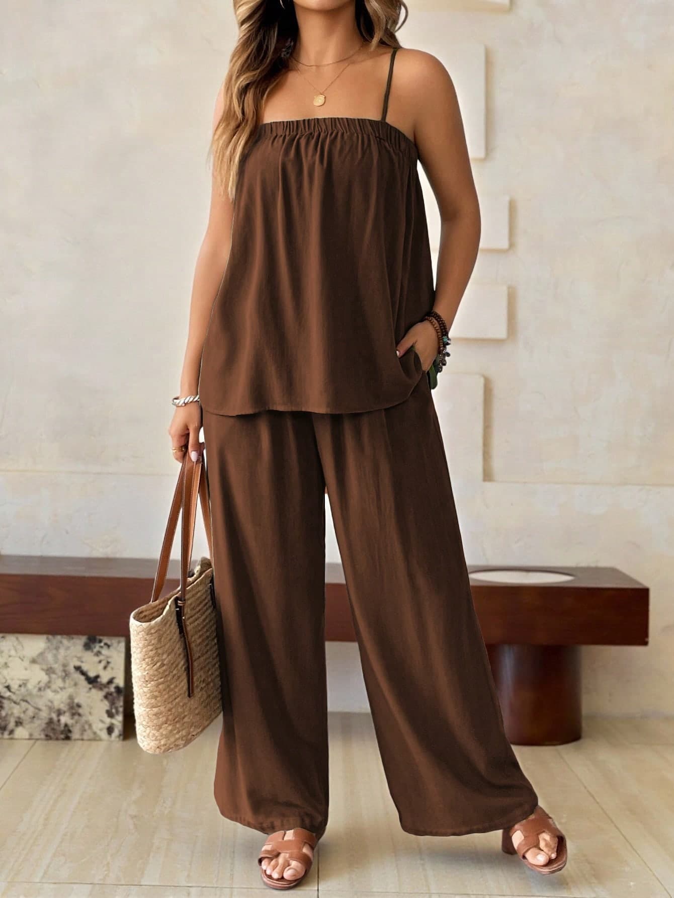 Roveilla Plus Size Women's Linen Blend Chocolate Brown Two Piece Wide Leg Pants Set, Summer Loose Sleeveless Romper, Smart Casual Business Vacation Boho