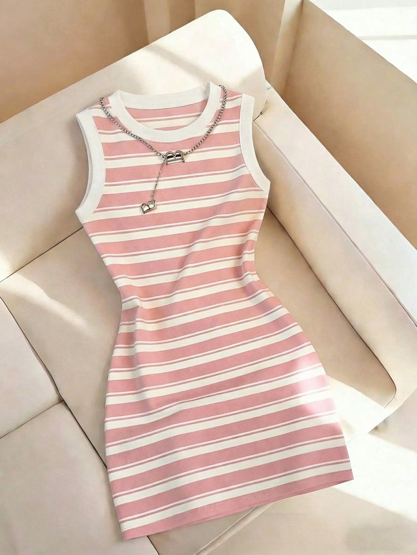 Resyla Women's New Striped Print Round Neck Fitted Sleeveless Dress, Spring/Summer