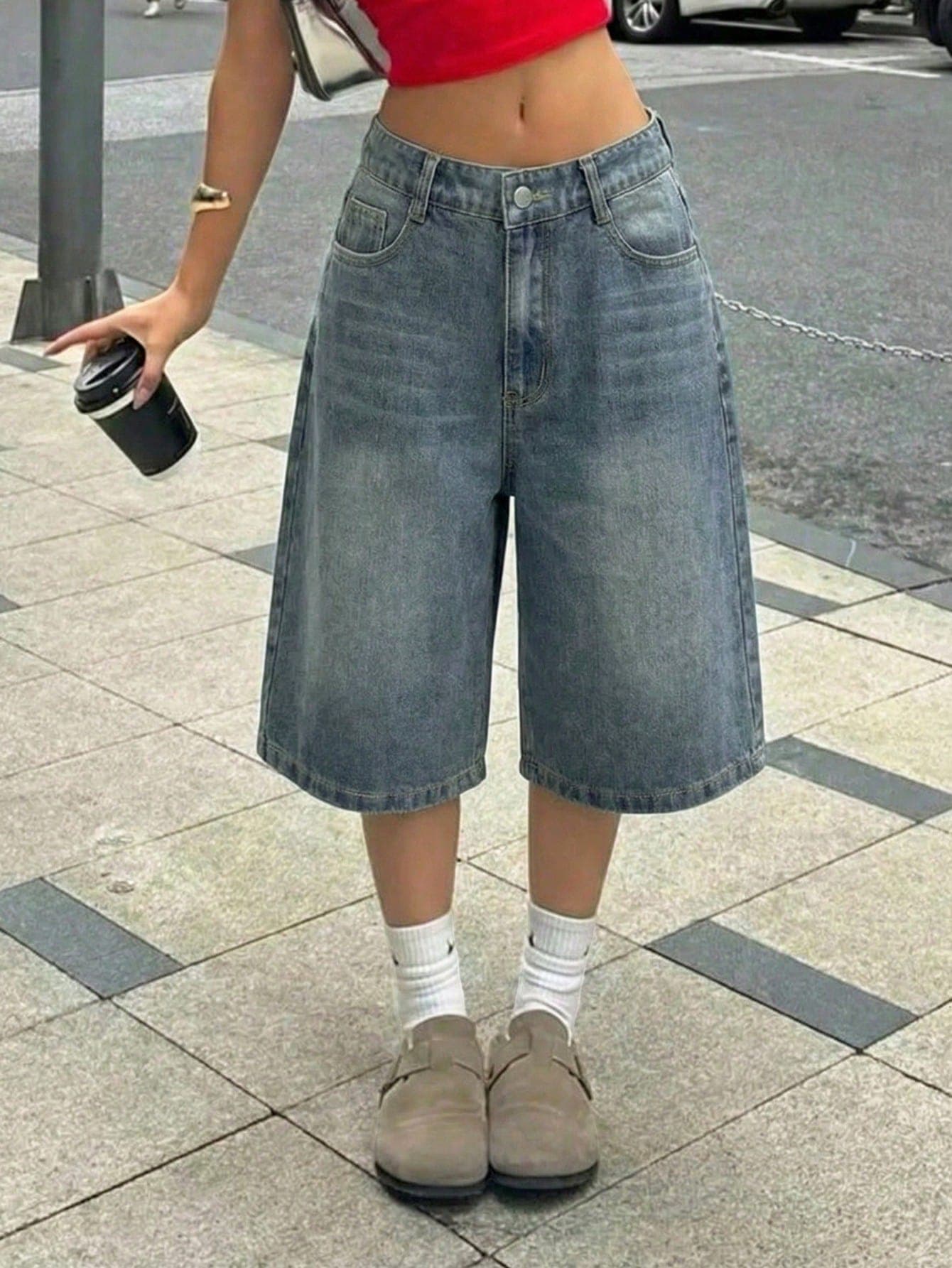 SHEIN Teen Girl Y2K Retro Washed Pocket Design Loose Bermuda Denim Boho Shorts Halloween And Black School