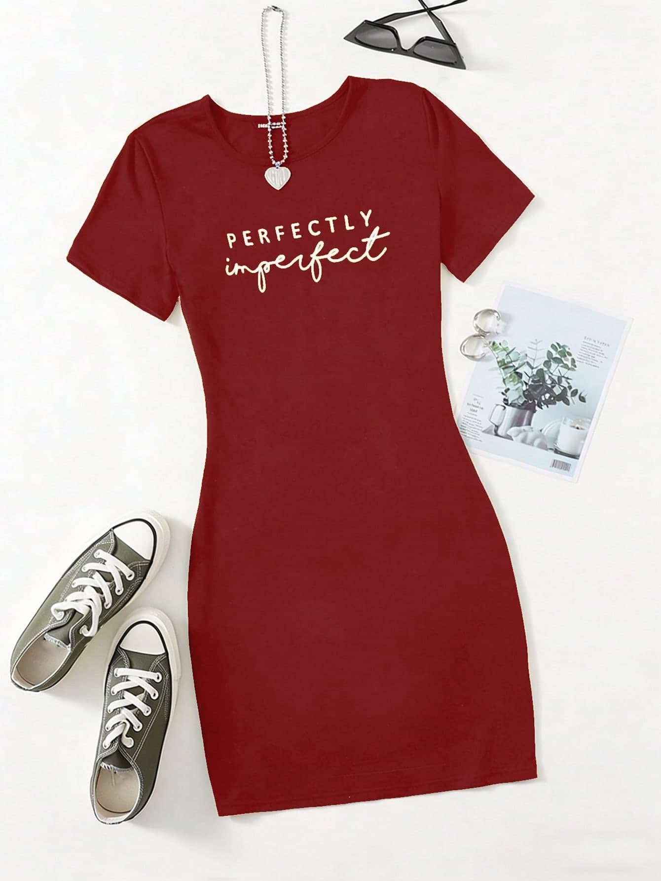 SHEIN Unity Letter Print Round Neck Short Sleeve Casual Dress Travel Red And White Gingham Summer