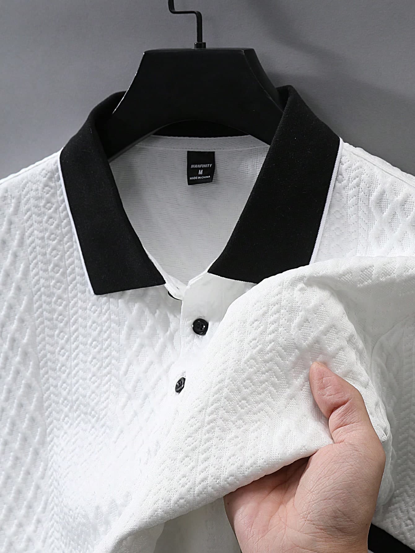 Manfinity Homme Men's Knitted Jacquard Textured Ribbed Collar Polo Shirt, Formal, Ceremony