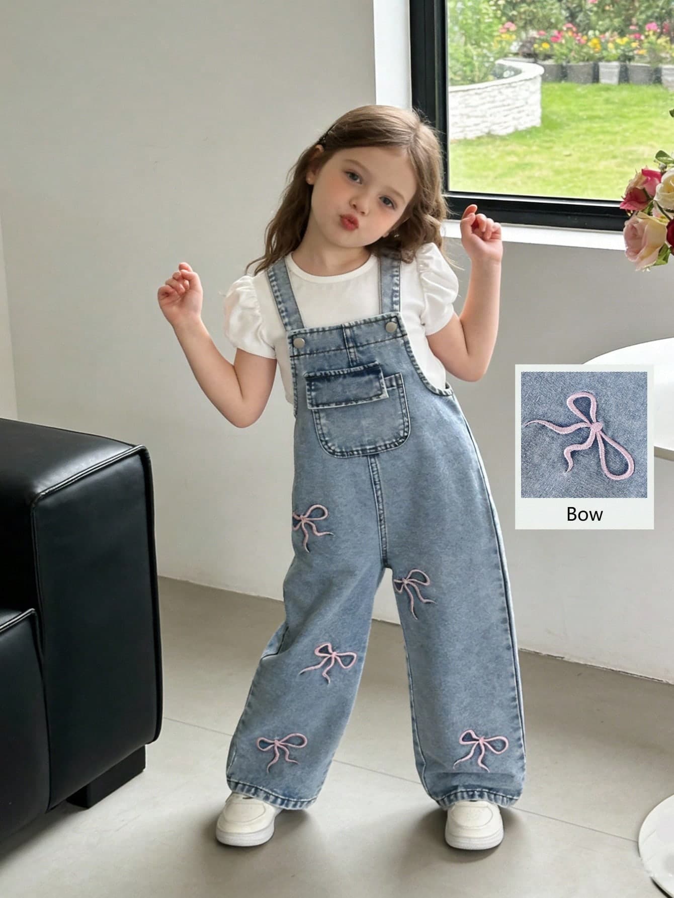 SHEIN ChillGRL Young Girls' Casual Versatile Denim Bib Pants,Pink Bow Embroidery,Loose Straight Leg,Comfortable Cotton Fabric,Blue,Back-To-School,Vintage Denim Color