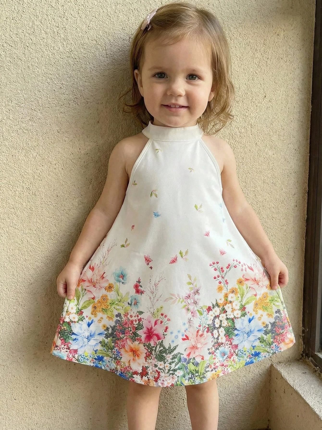 SHEIN Baby Girl White Floral Summer Cute Vacation Dress,Sleeveless Woven A-Line Dress With Mandarin Collar,Elegant Sweet Photography Beach Outings Dress