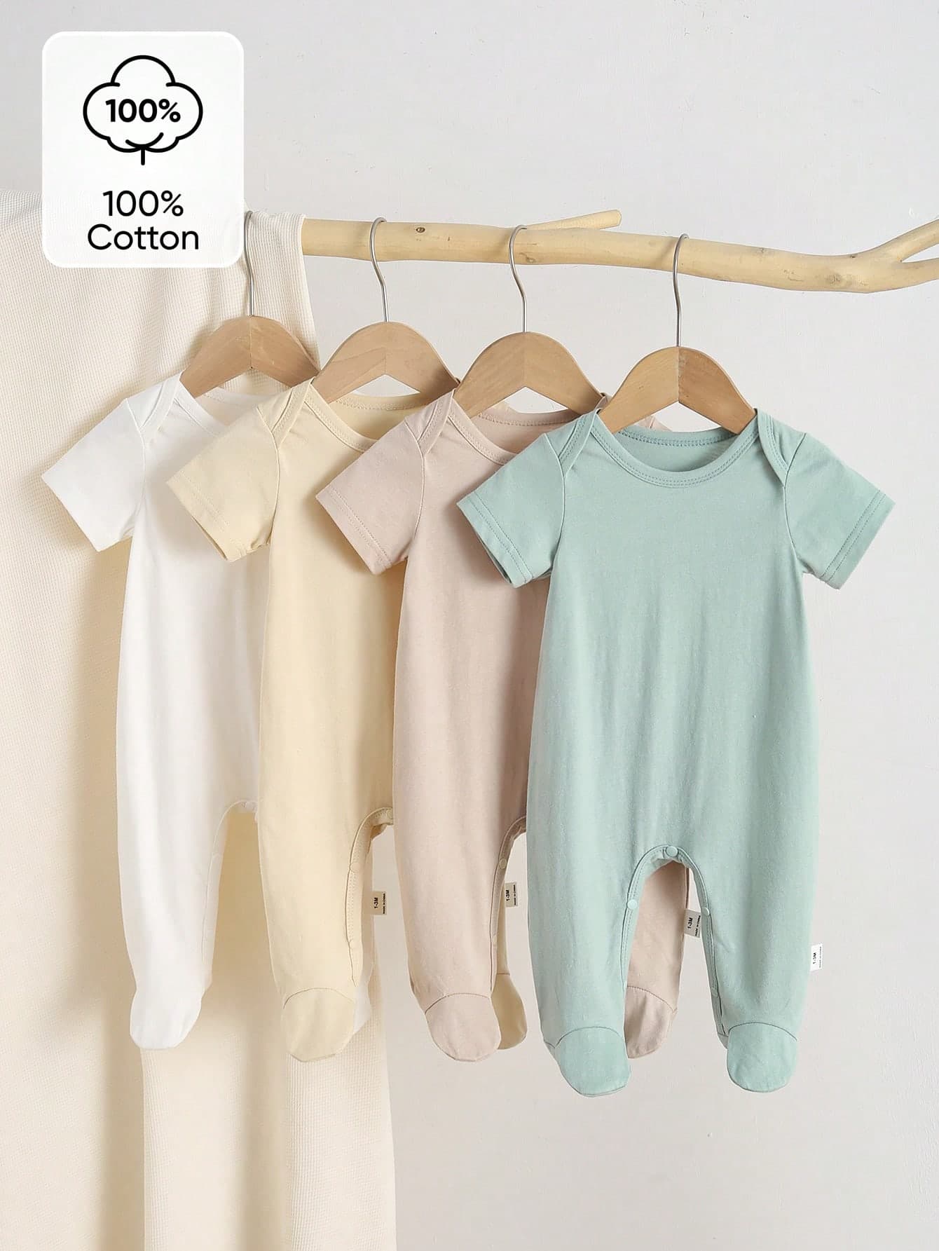 SHEIN 4-Piece Baby Short Sleeve Cotton Bodysuit Romper Set,Light Pink,Summer,Basics,Family Matching Solid White Yellow Sage Green Loungewear For Newborns