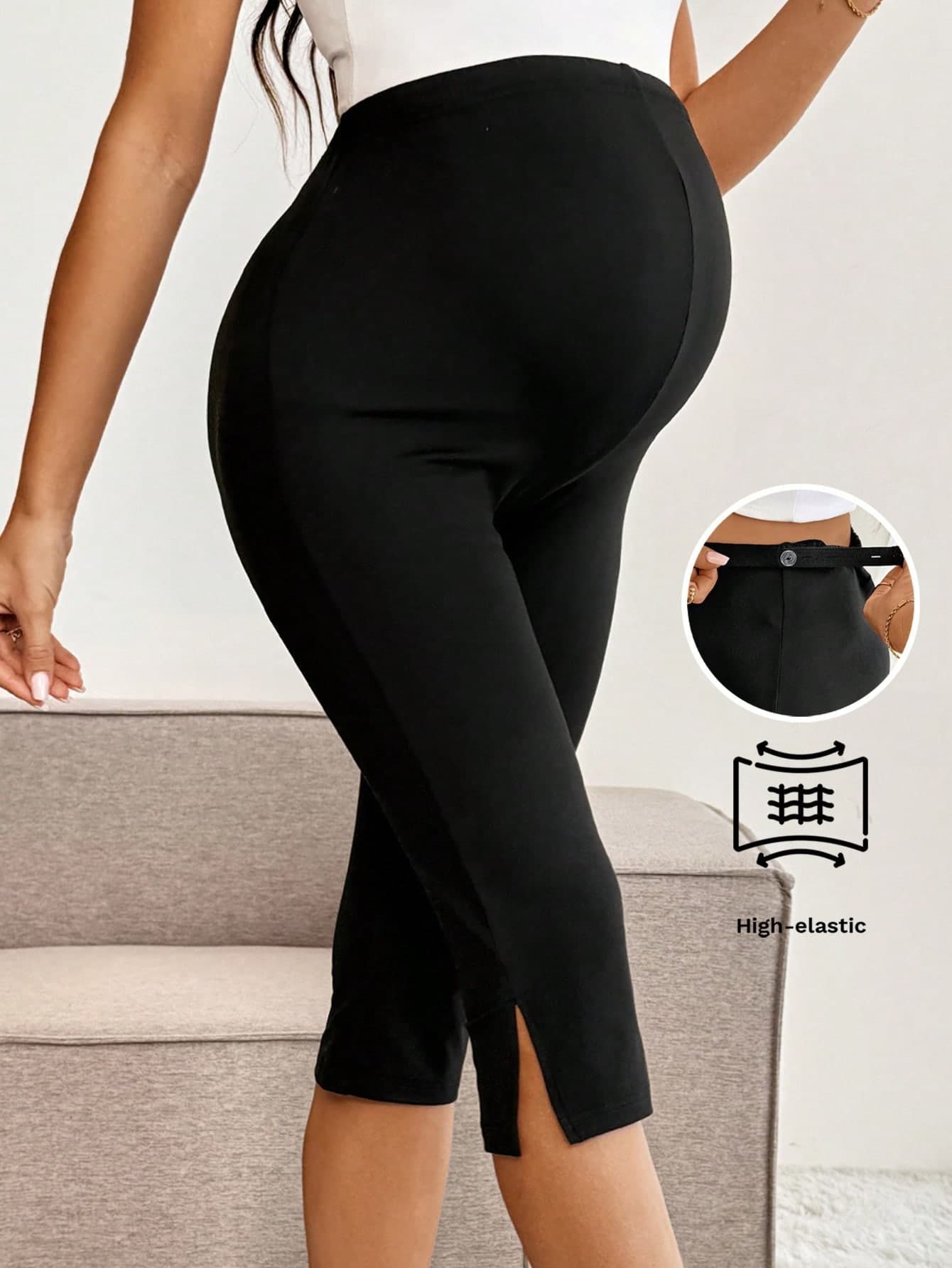 SHEIN Maternity Solid Color Adjustable Waist Slit Hem Casual Cropped Leggings Maternity Leggings Pregnancy Pants Pregnancy Clothing Pregnancy Black Summer