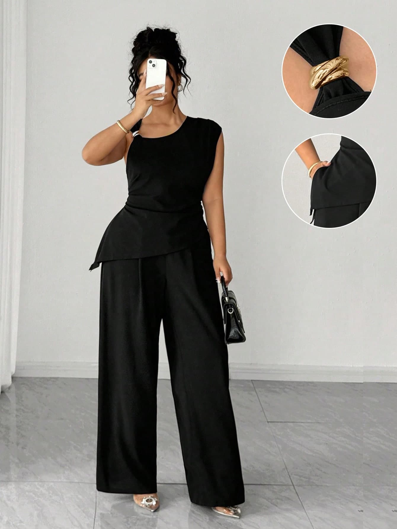 Elenzga Plus Size Elegant Black Summer Night Out Club Off-Shoulder Sleeveless Top & Wide Leg Pants 2-Piece Set,Women's Curve Jumpsuit Style Outfit Pant Suit