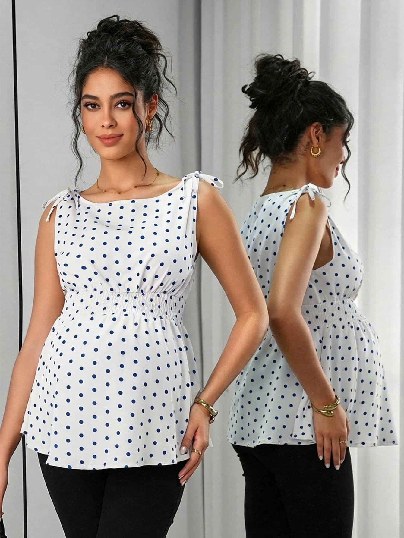 Momance Pregnant Women's Summer Casual Vacation Style Polka Dot Print Knotted Shoulder Cinched Waist Tank Top
