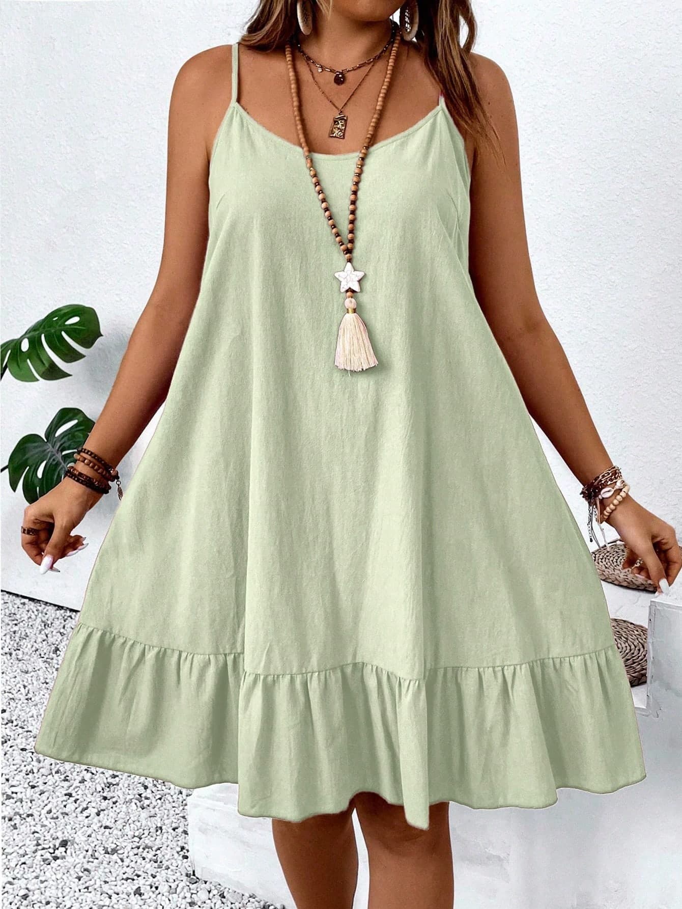 Breezaya Plus Size Solid Color Spaghetti Strap Ruffle Pleated Loose Summer Sleeveless Dress
