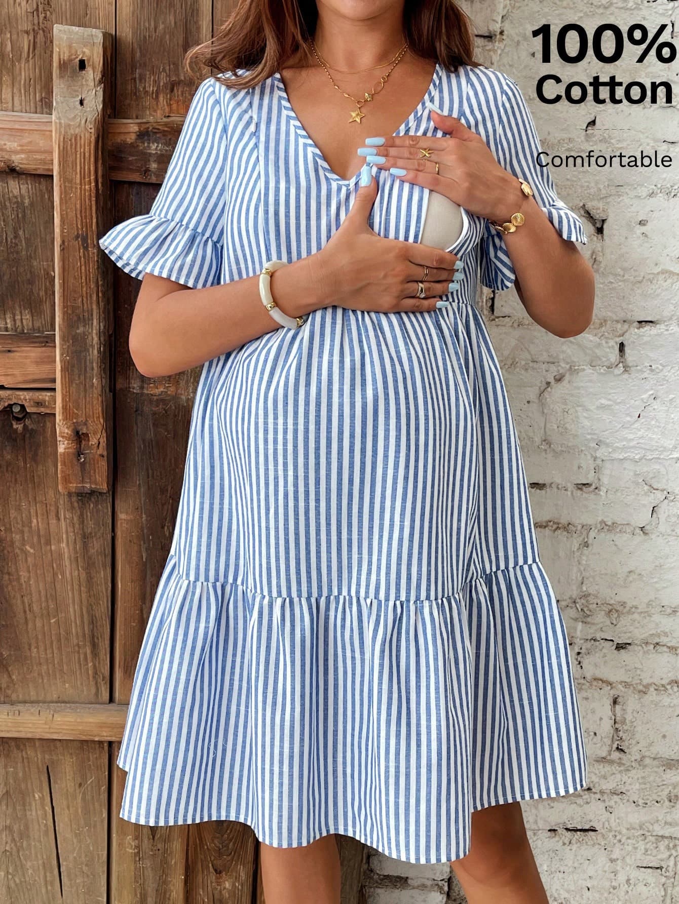 SHEIN Maternity Nursing Dress, Blue Striped Dress