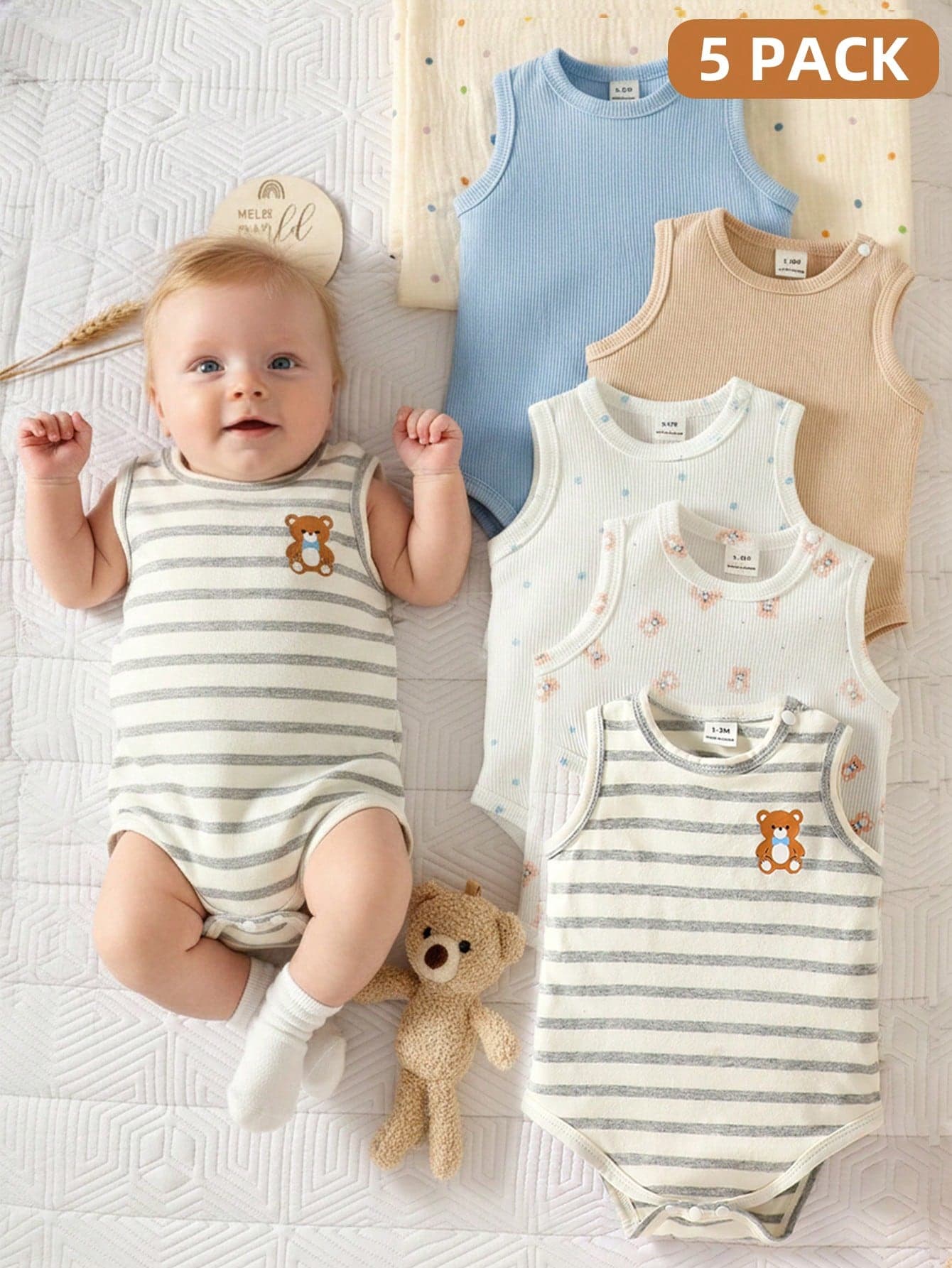 SHEIN 5pcs Newborn Baby Bodysuits,Sleeveless Bear & Star Print Knitted Romper Set,Blue And White Stripe,Summer,Casual,Family Matching Neutral Baby Clothes