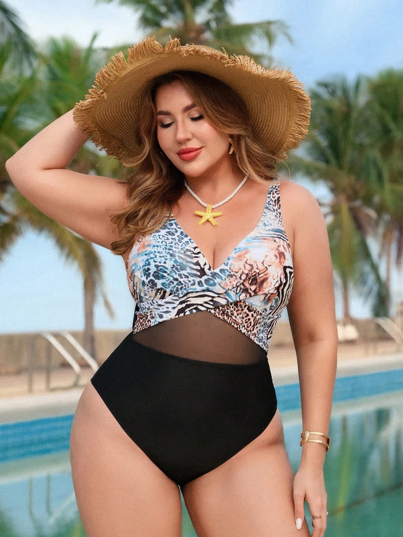 Swim Lushoire Women's Plus Size Leopard Print Tummy Control Swimsuit,Mesh Patchwork V-Neck One Piece Bathing Suit,Black Summer Beach Vacation Holiday