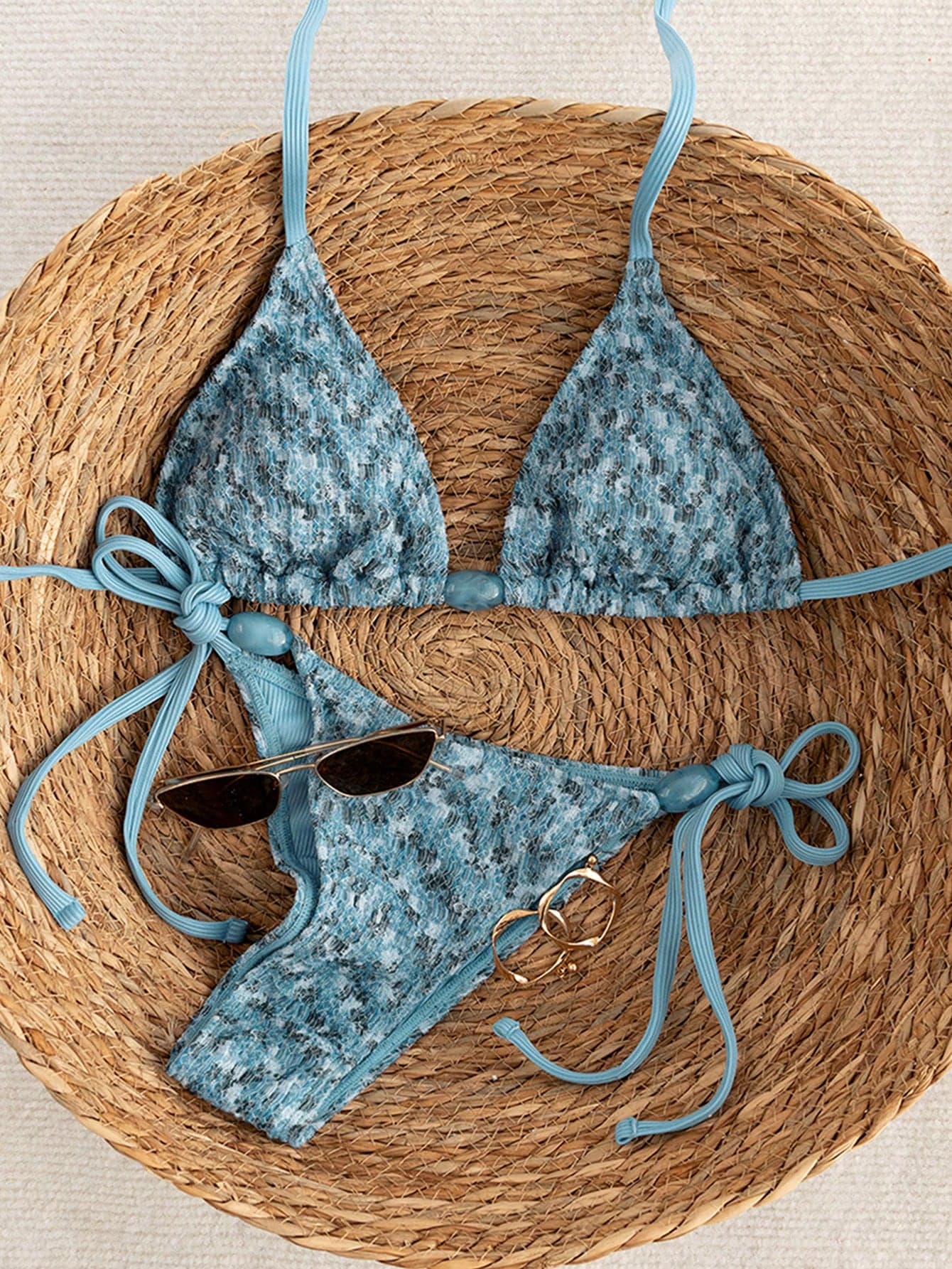 Swim Vcay Women's Textured Crochet Bikini Set,Baby Blue Summer Spaghetti Strap Halter Side Tie Thong Two-Piece Swimwear,Casual Beach Holiday Vacation
