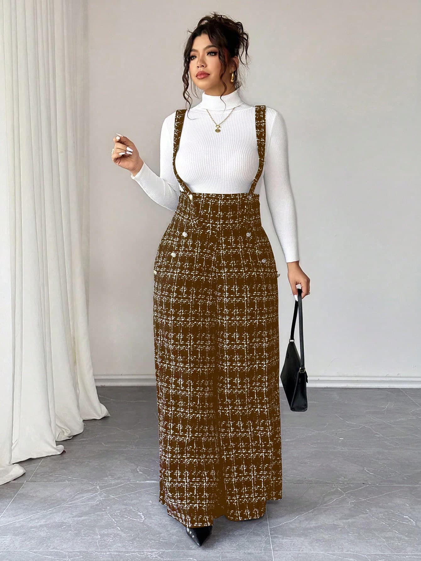 Elenzga Brown Graphic Plus Size Knitted Long Jumpsuit Sleeveless Wide Leg Elegant Style With Straps And Pockets