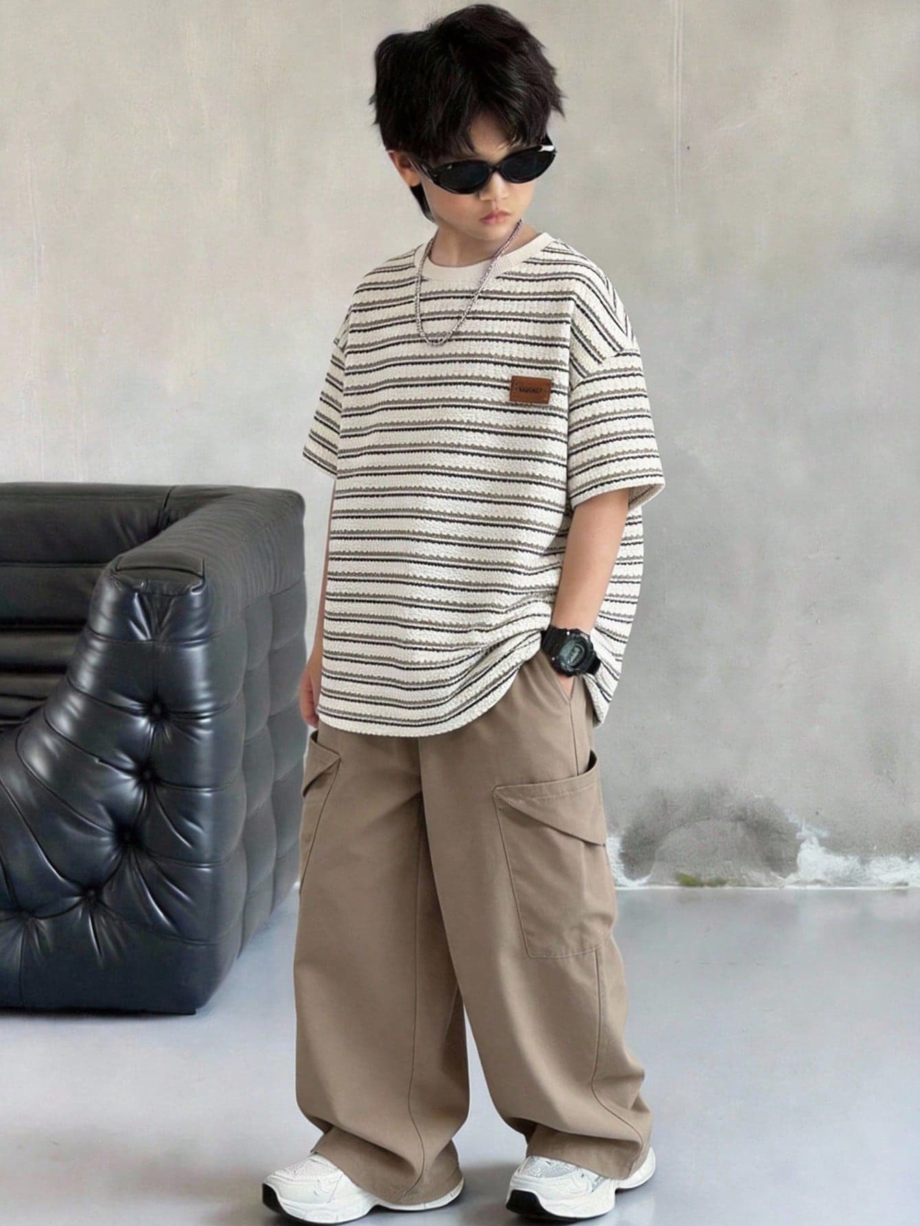 2pcs Kids Boys Striped Round Neck Loose Short Sleeve T-Shirt And Relaxed Pants Knit Tracksuit Set For Summer,Career Day,Back-To-School,Sports,Parties