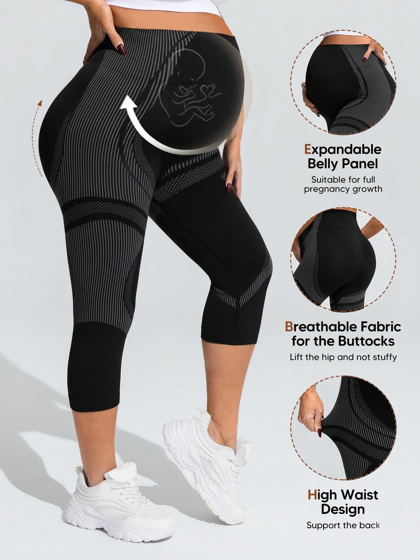 SHEIN Maternity Stylish Elastic Striped Patchwork High Waist 3/4 Leggings,Word Cup