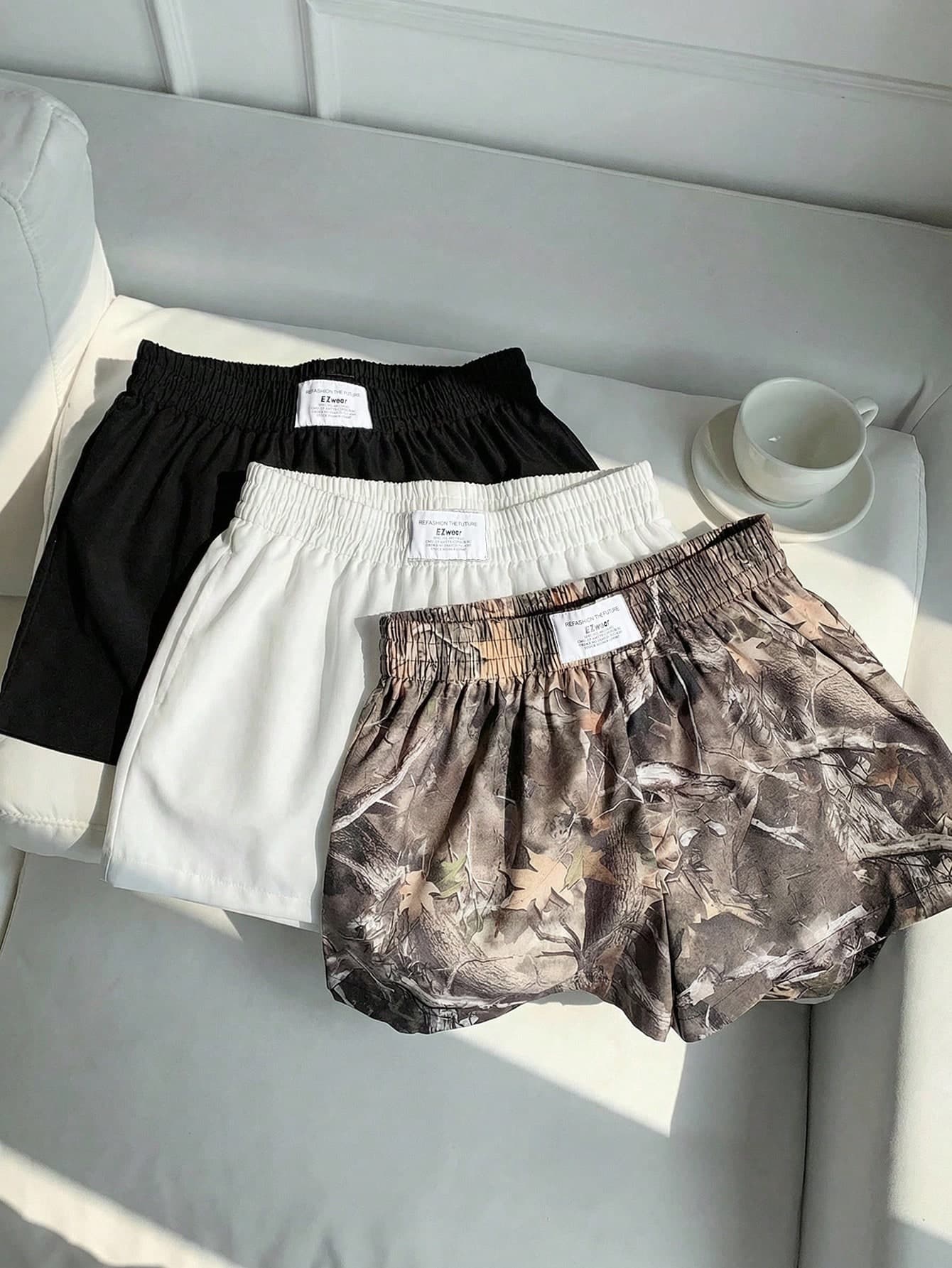 Comfortcana 3pcs Women Summer Casual Vacation Fashionable Street Chic Daily Commute Letter Elastic Waist Solid Color & All-Over Print Shorts