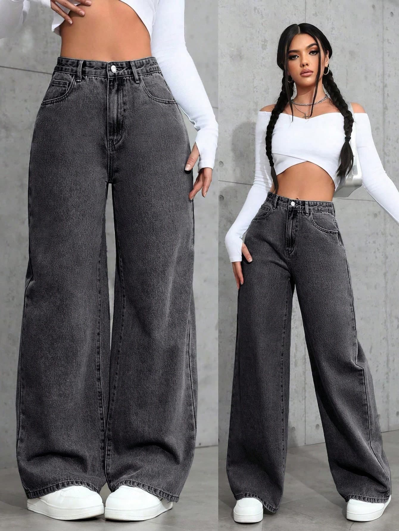 SHEIN PETITE Women's Casual Loose Fit Wide Leg Jeans ,Petite Women