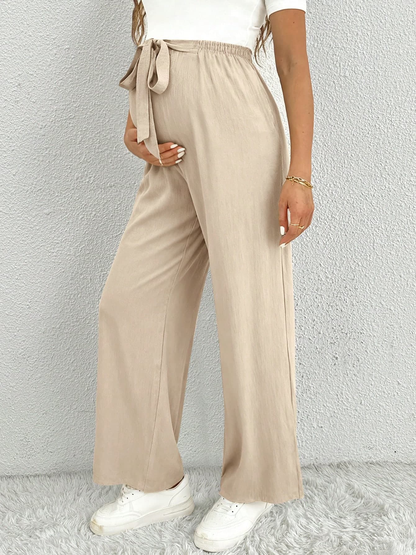 SHEIN Casual Maternity Knotted Waist Solid Color Wide Leg Pants Fall