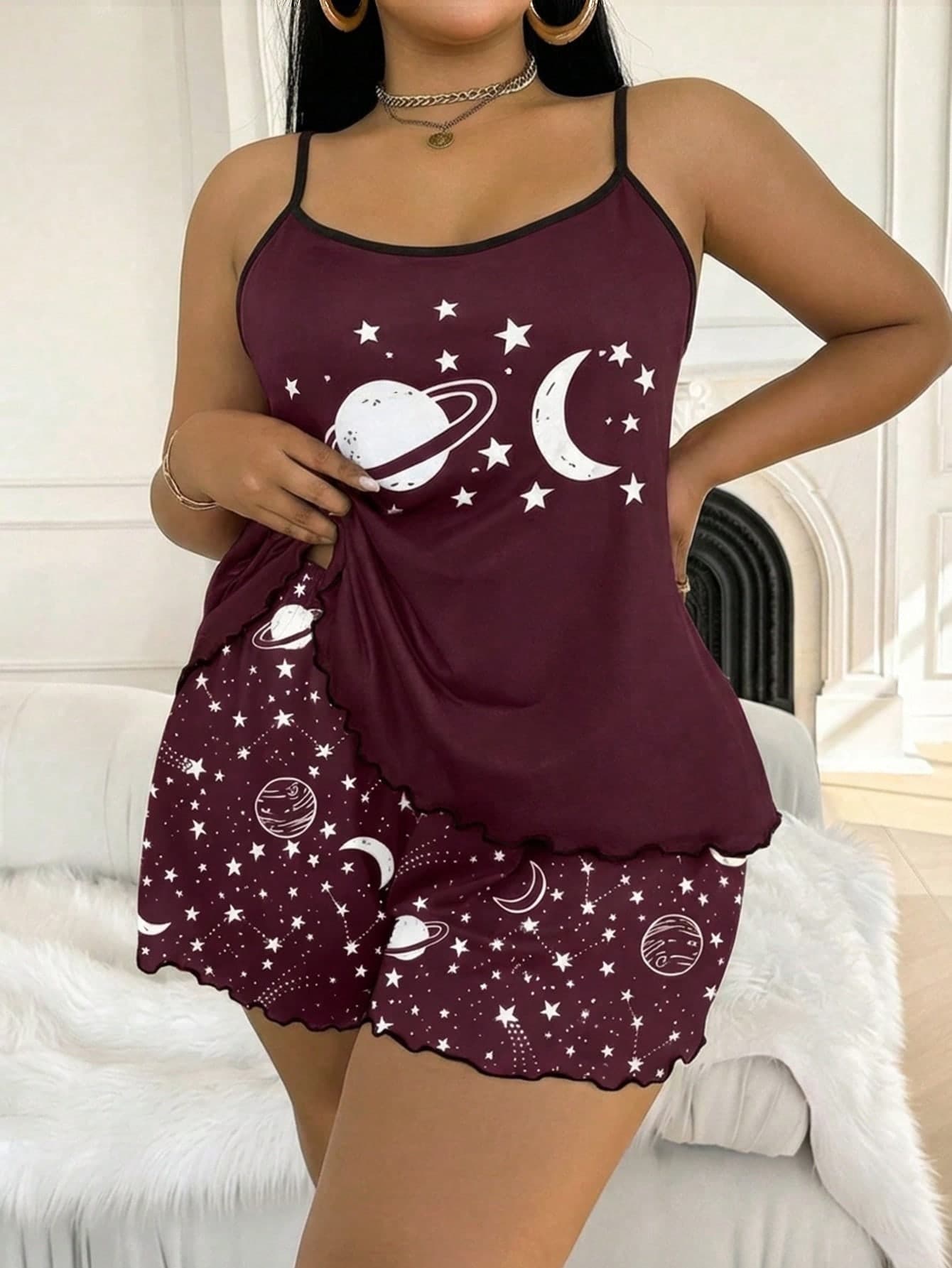 DUSKBASE Plus Size Women Starry Sky Print Camisole & Shorts PJS, Casual Sleep Two Piece Night Set Plus Size Pajama Short Set Two Piece Sleepwear