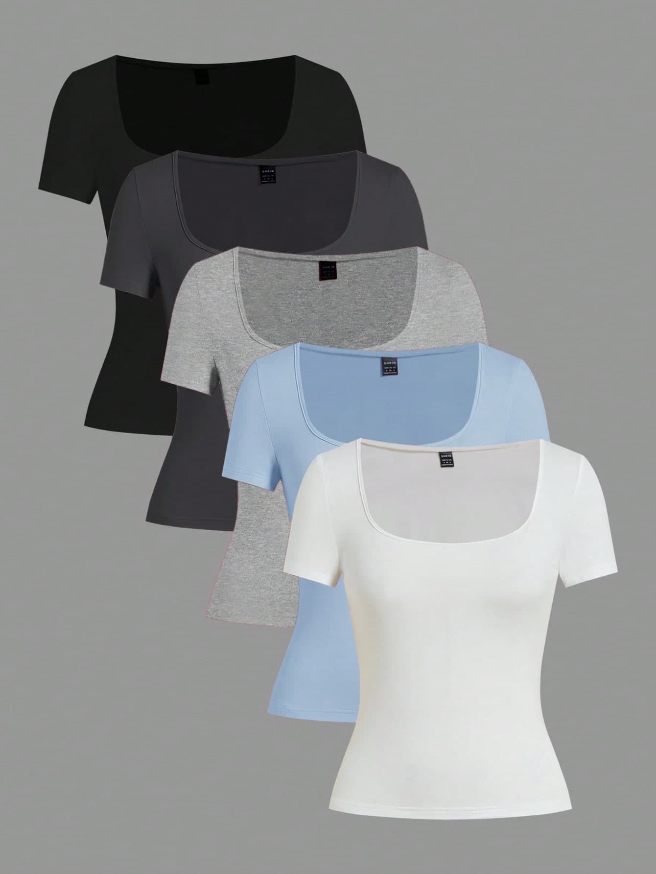 SHEIN EZwear 5pcs/Set Multicolor Knit Women T-Shirts, Spring/Summer