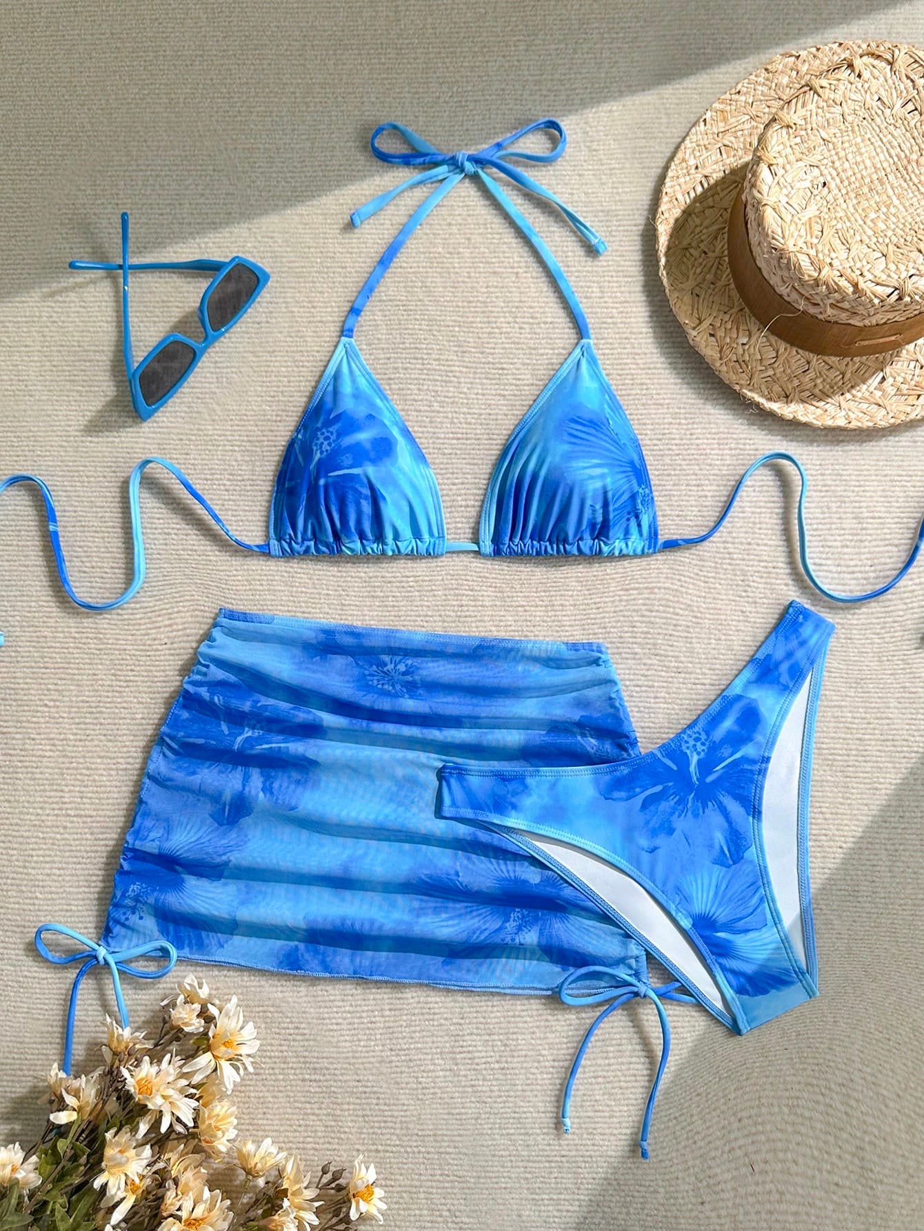 Soleia Women's Floral Print Halter Tie Bikini Set With Coverup And Skirt, Vacation Beach Style