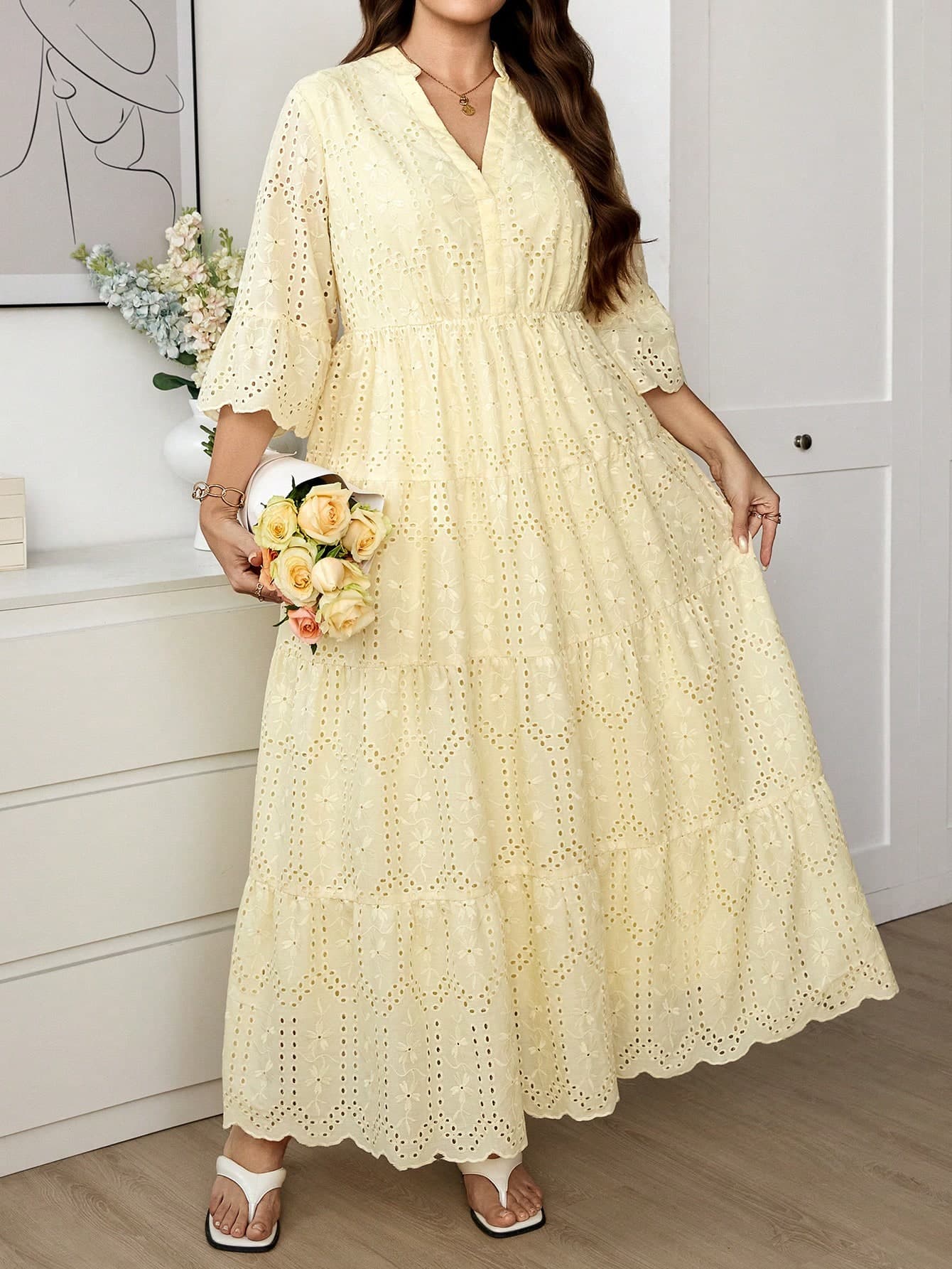 Easowa Curve Plus Size Women's Hollow Embroidery V-Neck Flare Sleeve Elegant Maxi Dress,Yellow Summer Boho Tea Party Holiday,Cottagecore French Style Ruffle Skirt