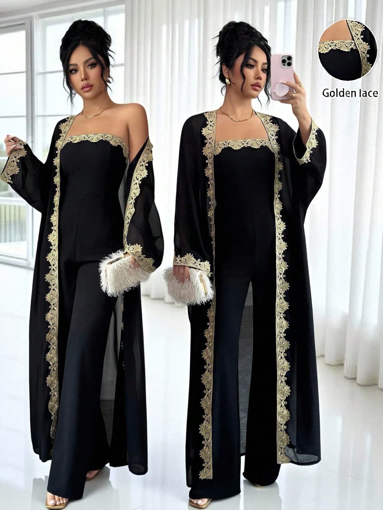 Elenzga Plus Size Women's Casual Chiffon Cardigan With Gold Lace Trim, Paired With Women's Jumpsuit, Suitable For Daily Gatherings
