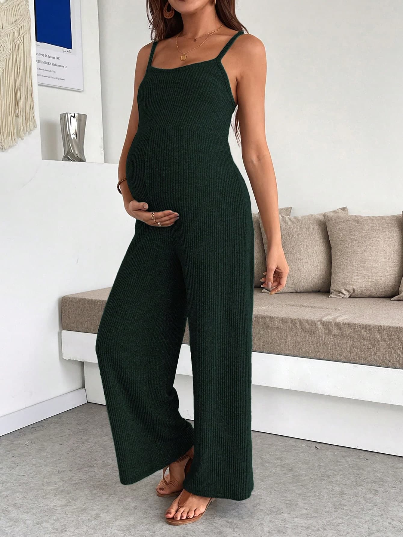 SHEIN Pregnant Women's Solid Color Ribbed Casual Everyday Jumpsuit With Wide Leg