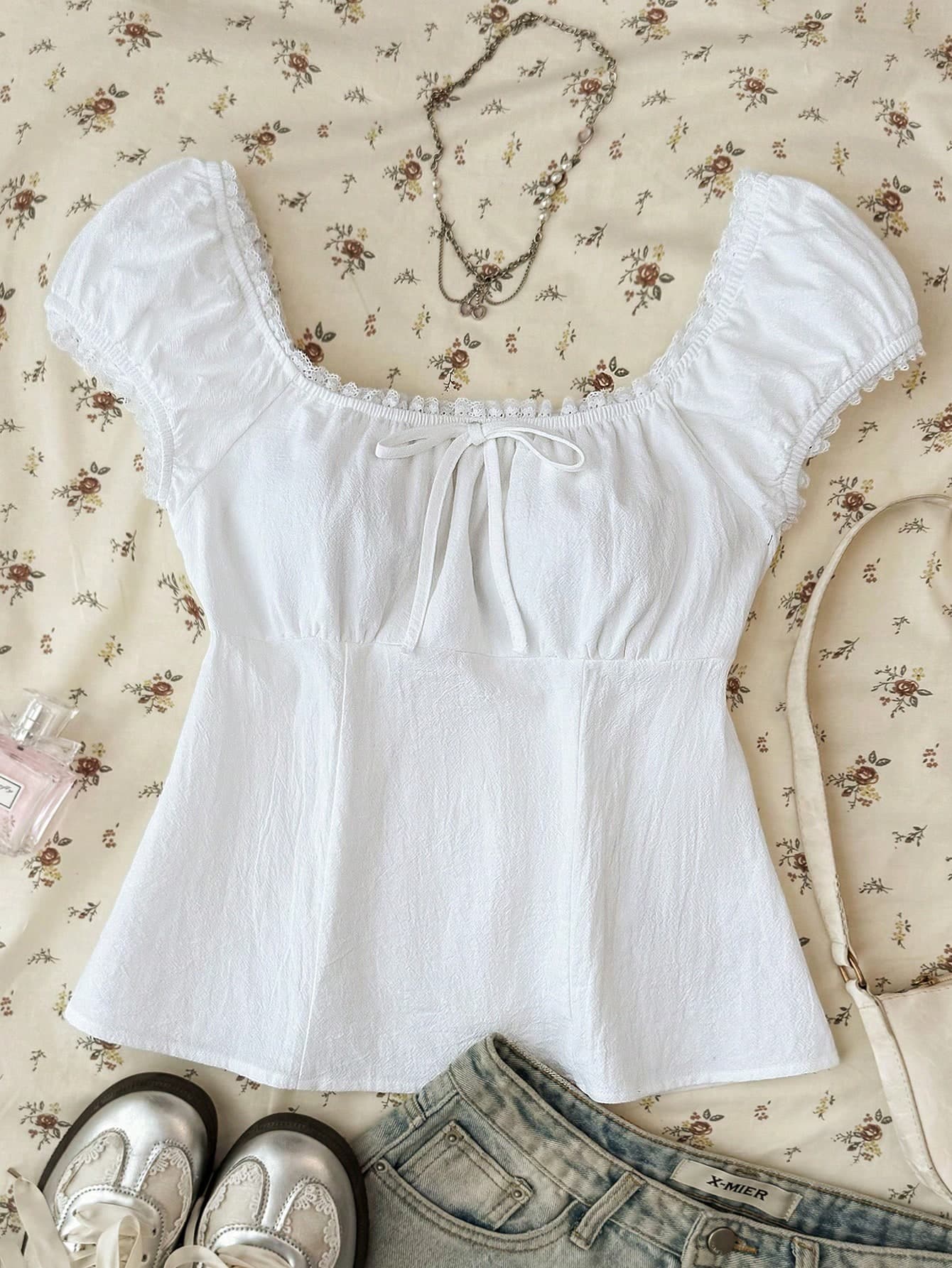 TEENGIRL White Vintage Lace Trim A-Line Blouse, Collegiate Casual Style,Kids