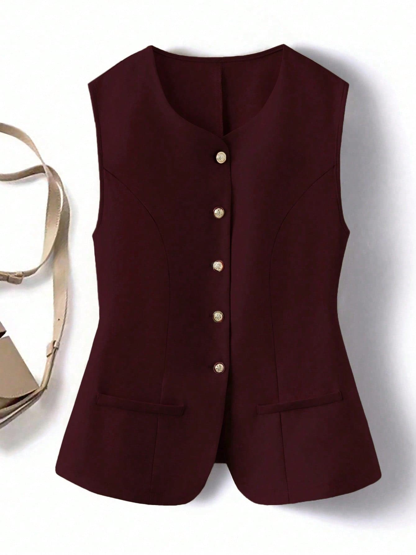 SHEIN Clasi Plus Size Women Elegant Refined Versatile Solid Color Single-Breasted Vest