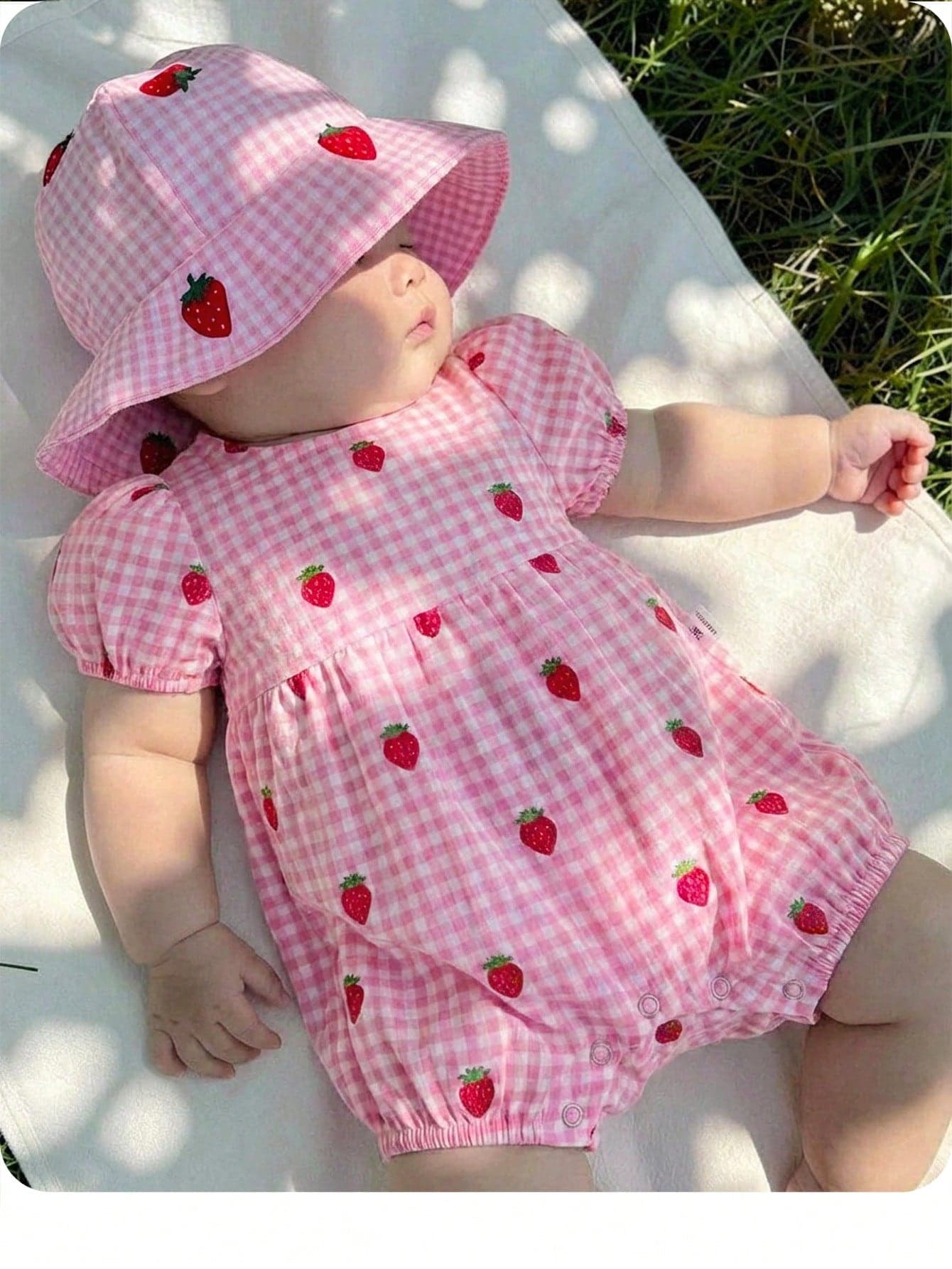 Newborn Baby Girl Casual Cute Summer Pink Plaid Strawberry Print Romper Clothes Gingham Dress Outfit Sun Hat